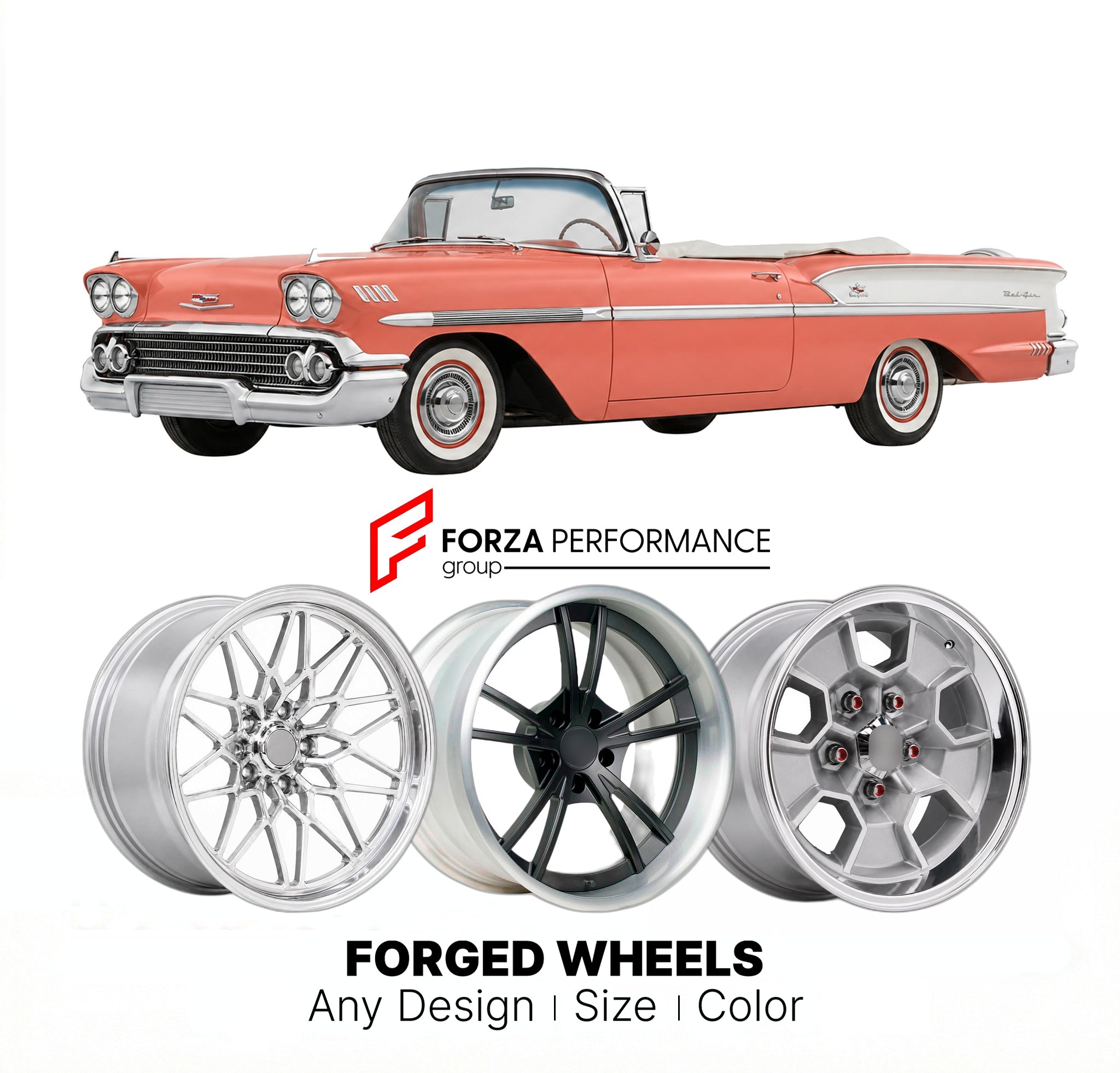 CUSTOM CLASSIC VINTAGE RESTOMOD RETRO OLD SCHOOL FORGED WHEELS RIMS for CHEVROLET BEL AIR CONVERTIBLE 1958 - 1975