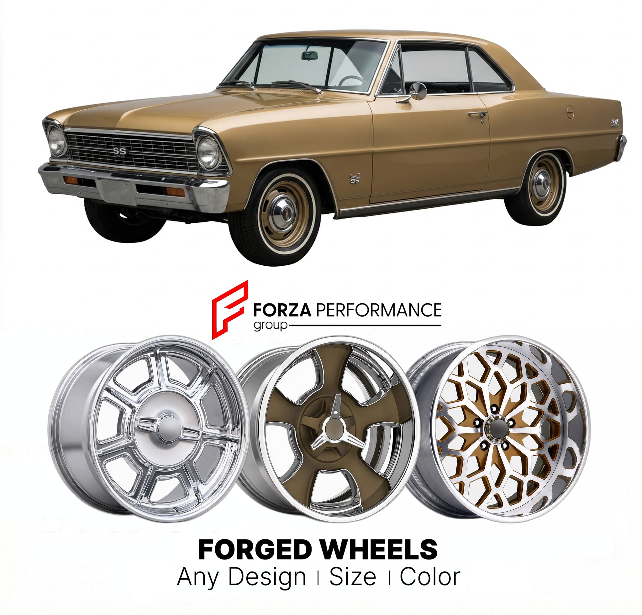 CUSTOM CLASSIC VINTAGE RESTOMOD RETRO OLD SCHOOL FORGED WHEELS RIMS for CHEVROLET CHEVY II SS327 1966 - 1967