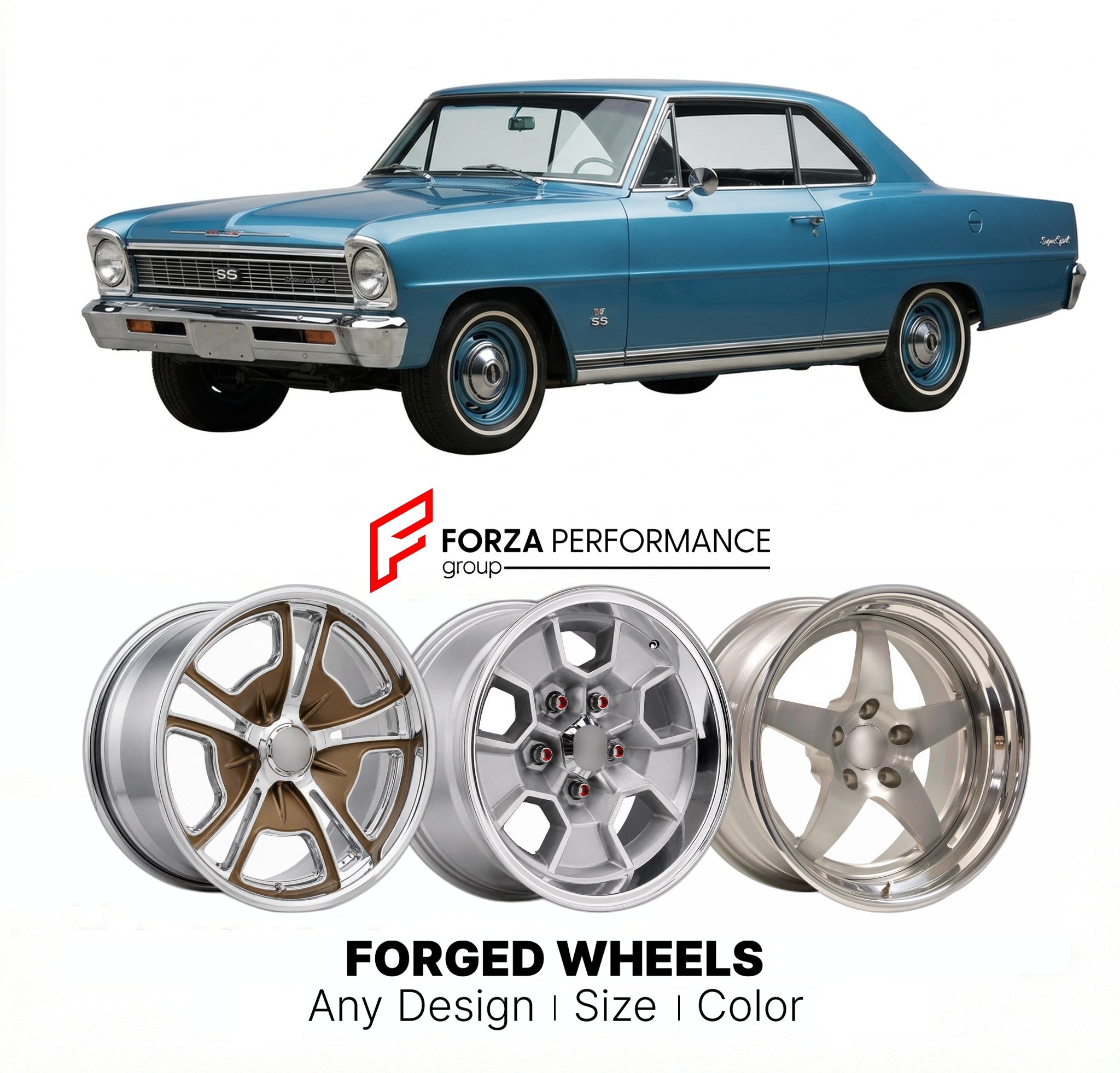 CUSTOM CLASSIC VINTAGE RESTOMOD RETRO OLD SCHOOL FORGED WHEELS RIMS for CHEVROLET CHEVY II SS 327 1966 - 1967