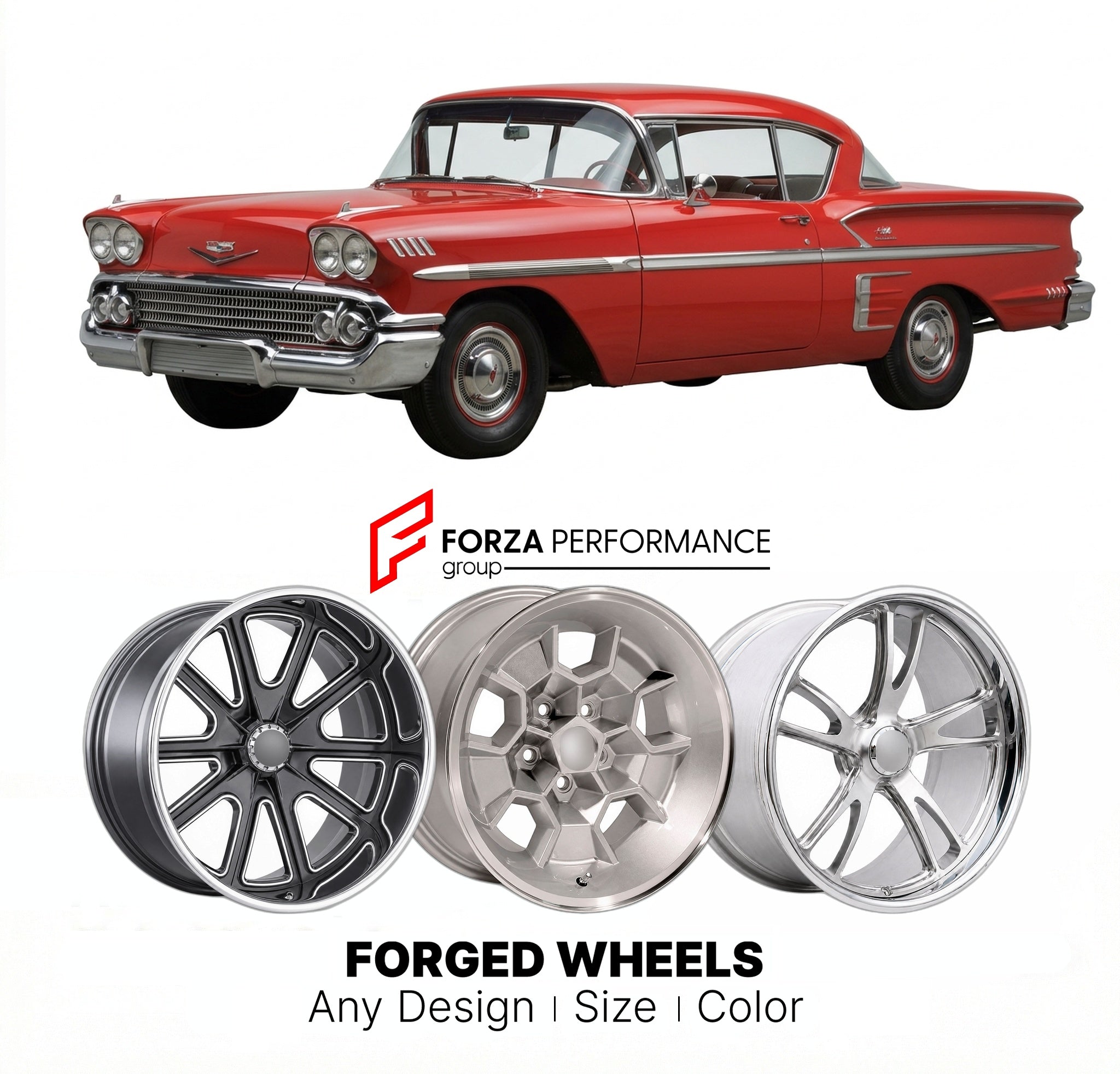 CUSTOM CLASSIC VINTAGE RESTOMOD RETRO OLD SCHOOL FORGED WHEELS RIMS for CHEVROLET IMPALA SPORT COUPE 1958 - 1964