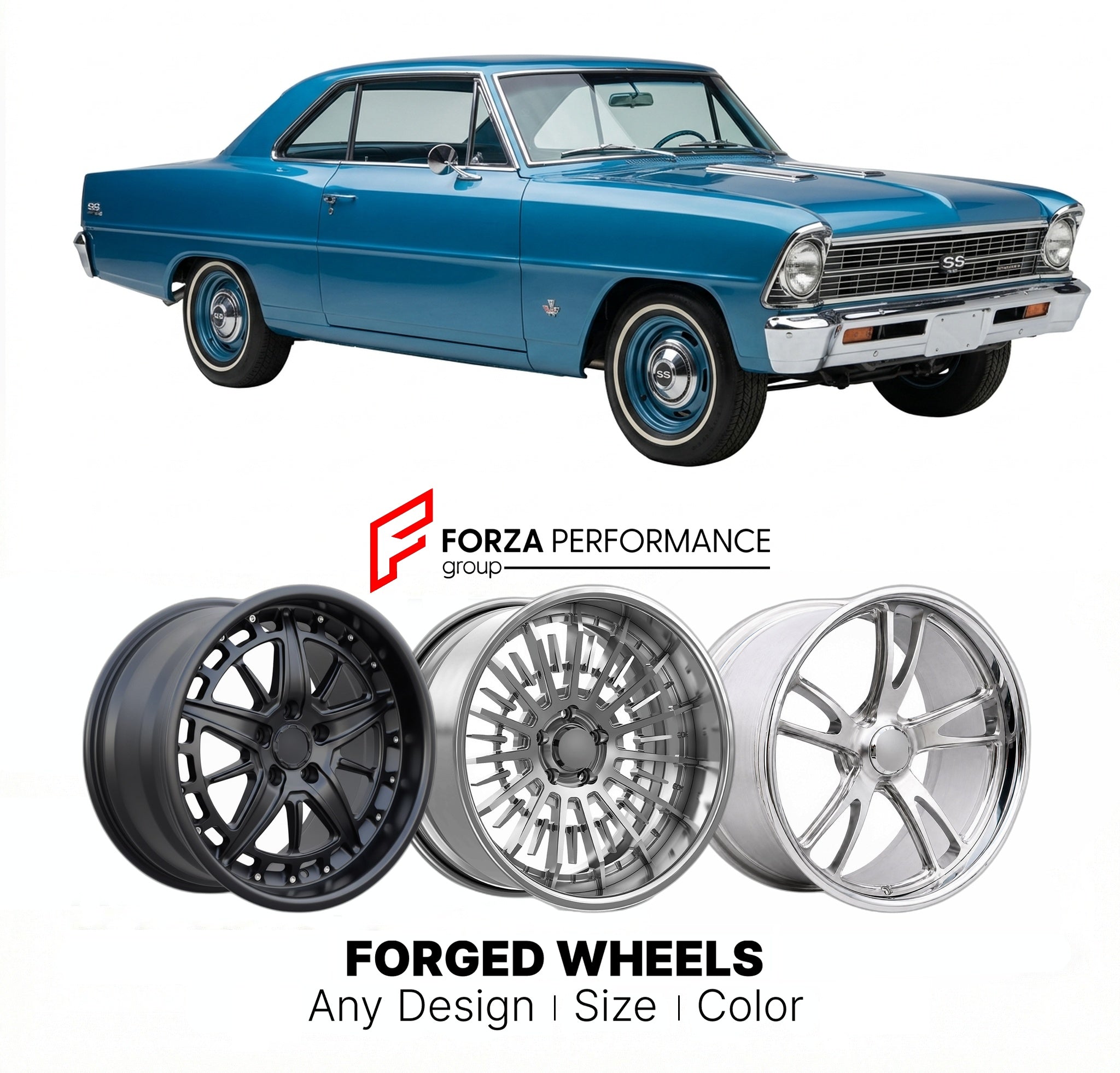 CUSTOM CLASSIC VINTAGE RESTOMOD RETRO OLD SCHOOL FORGED WHEELS RIMS for CHEVROLET NOVA SS 1966 - 1967