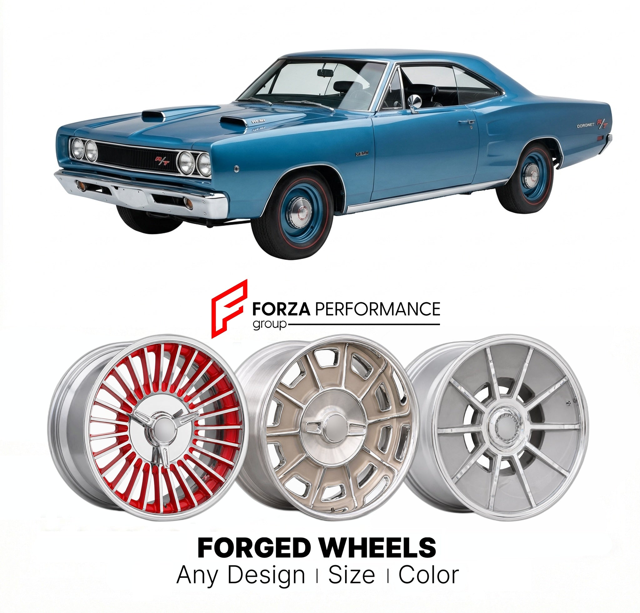 CUSTOM CLASSIC VINTAGE RESTOMOD RETRO OLD SCHOOL FORGED WHEELS RIMS for DODGE CORONET R/T 426 HEMI 1968 - 1970