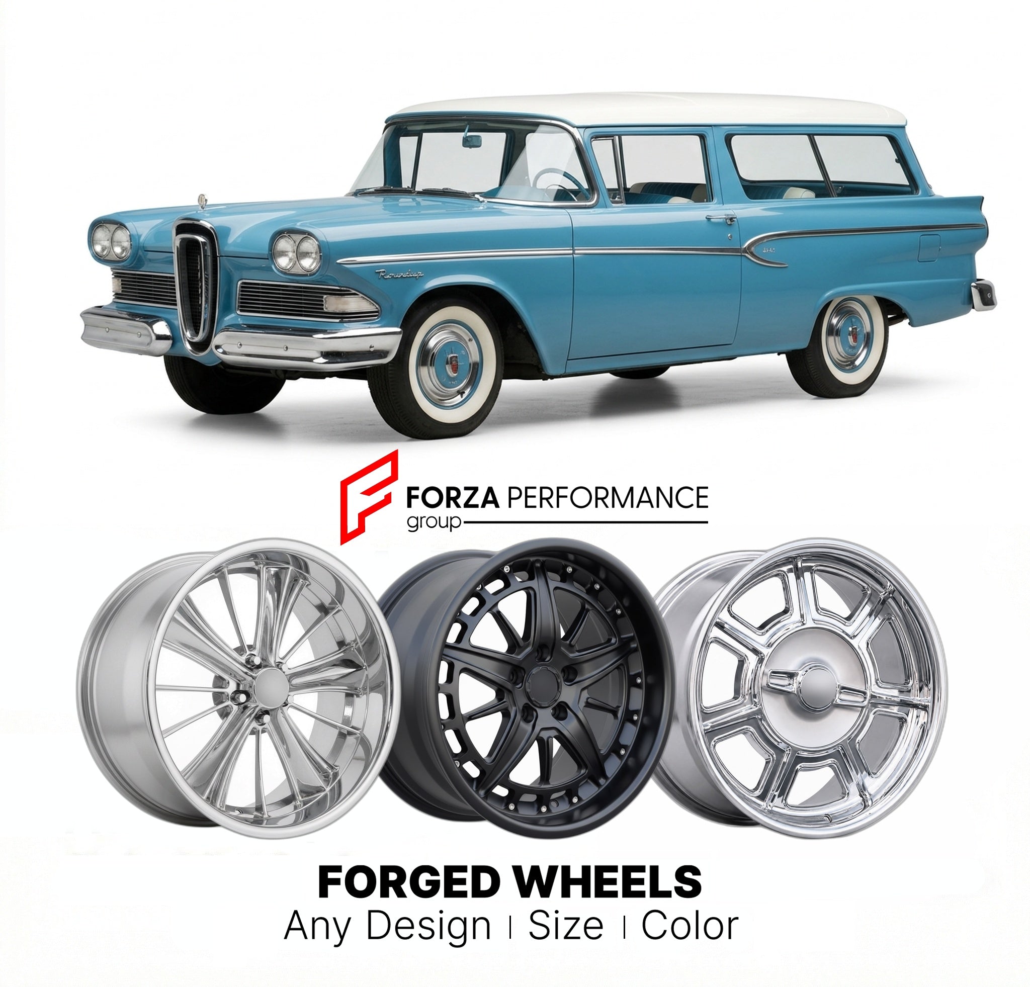 CUSTOM CLASSIC VINTAGE RESTOMOD RETRO OLD SCHOOL FORGED WHEELS RIMS for EDSEL ROUNDUP 1958 - 1959
