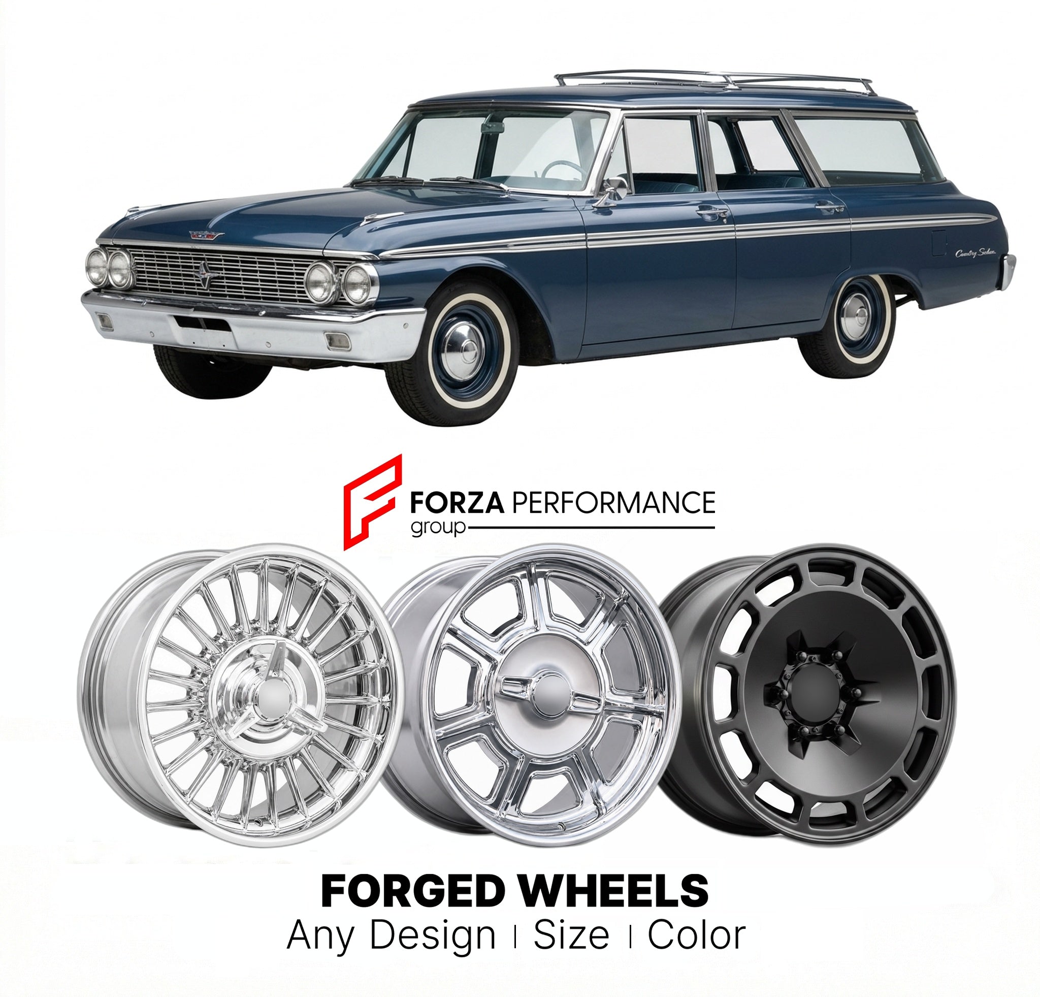 CUSTOM CLASSIC VINTAGE RESTOMOD RETRO OLD SCHOOL FORGED WHEELS RIMS for FORD COUNTRY SEDAN 1962 - 1974