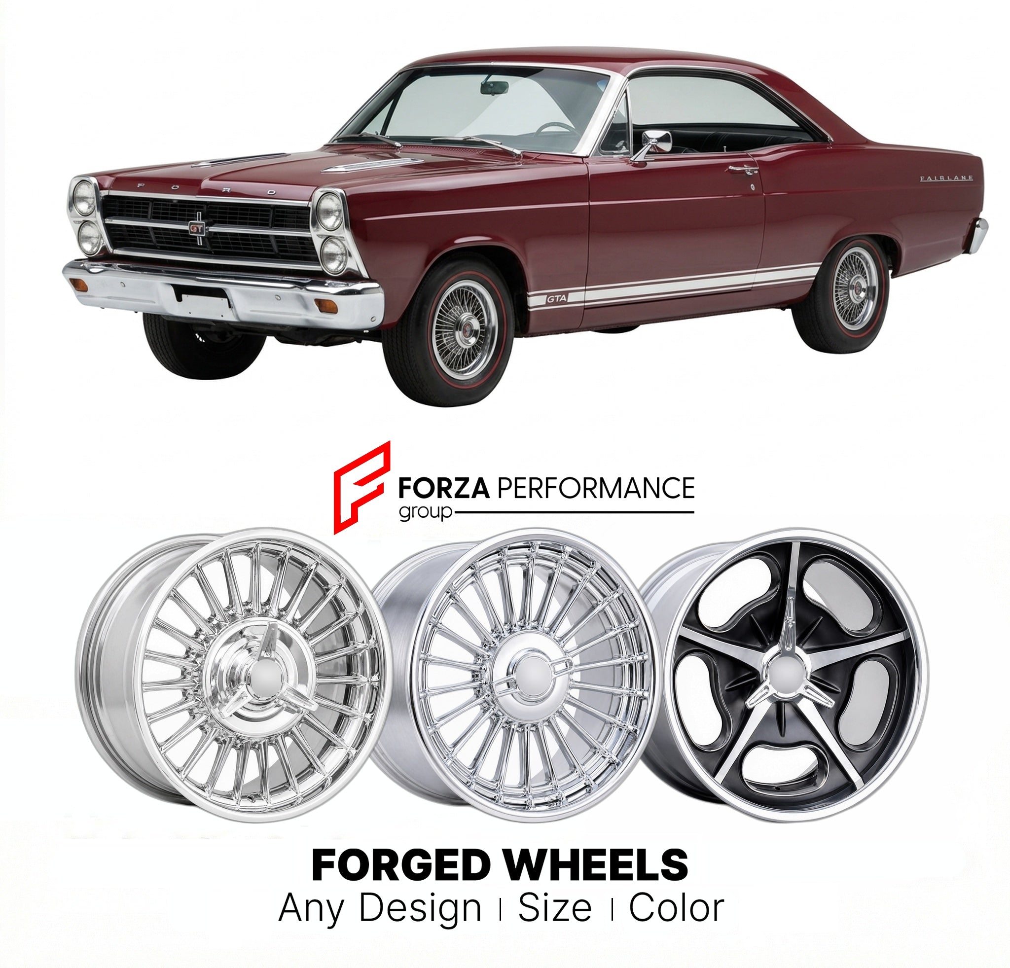 CUSTOM CLASSIC VINTAGE RESTOMOD RETRO OLD SCHOOL FORGED WHEELS RIMS for FORD FAIRLANE GT GTA COBRA 1966 - 1967