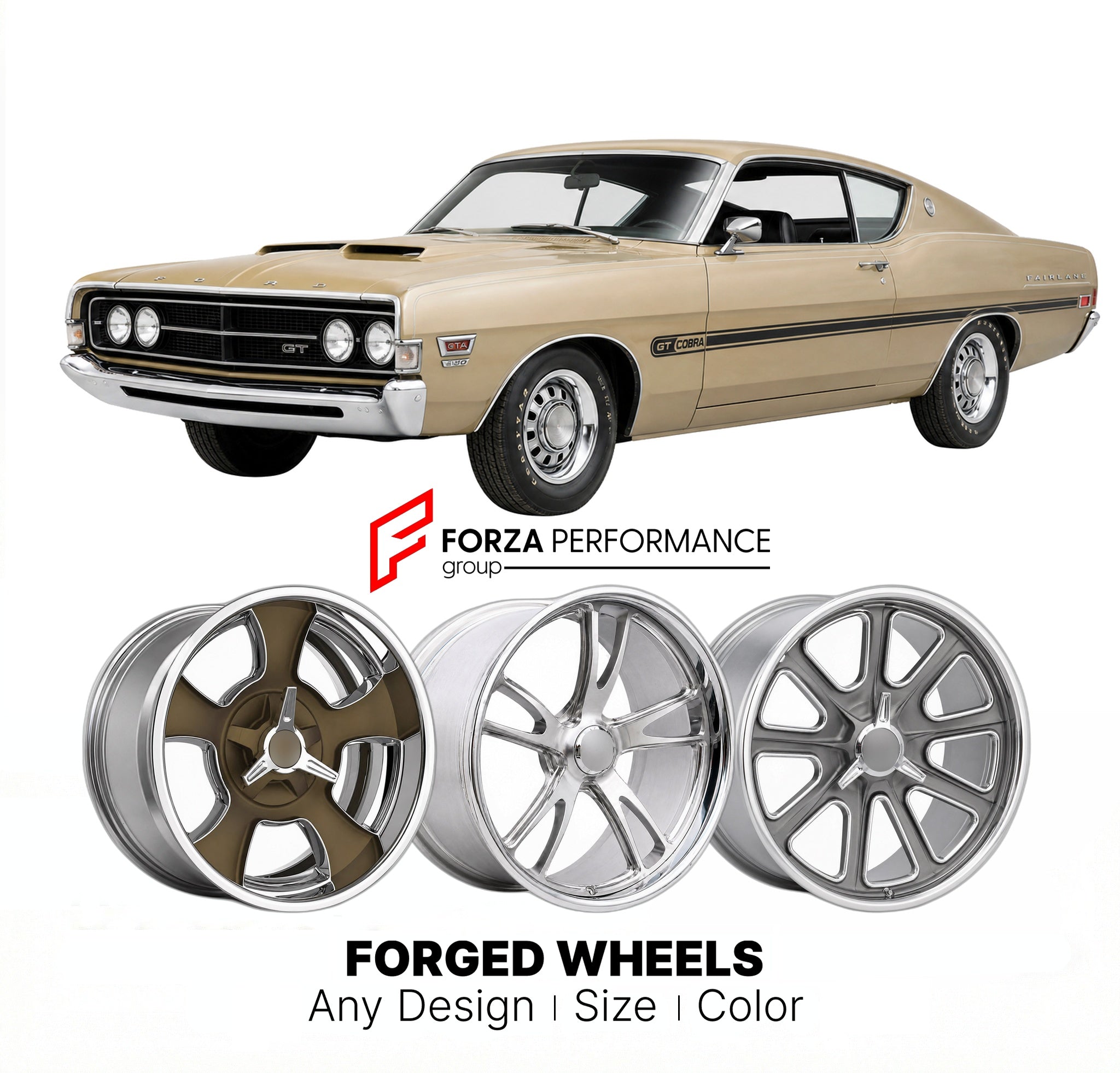 CUSTOM CLASSIC VINTAGE RESTOMOD RETRO OLD SCHOOL FORGED WHEELS RIMS for FORD FAIRLANE GT GTA COBRA 1968 - 1969