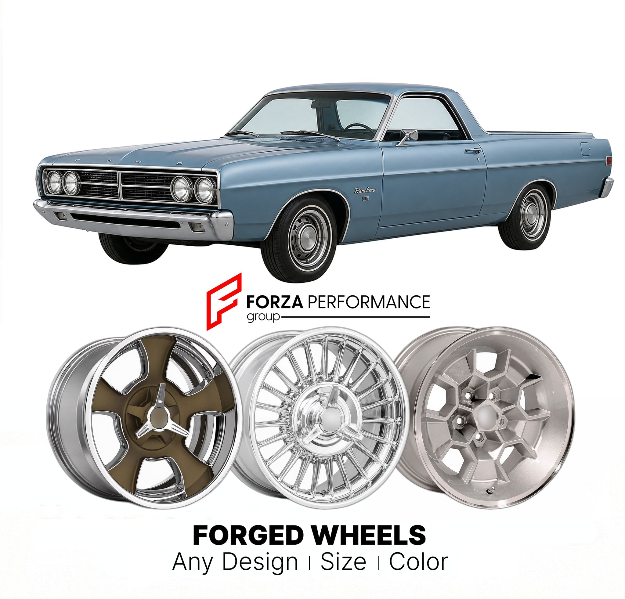 CUSTOM CLASSIC VINTAGE RESTOMOD RETRO OLD SCHOOL FORGED WHEELS RIMS for FORD RANCHERO 1968 - 1969