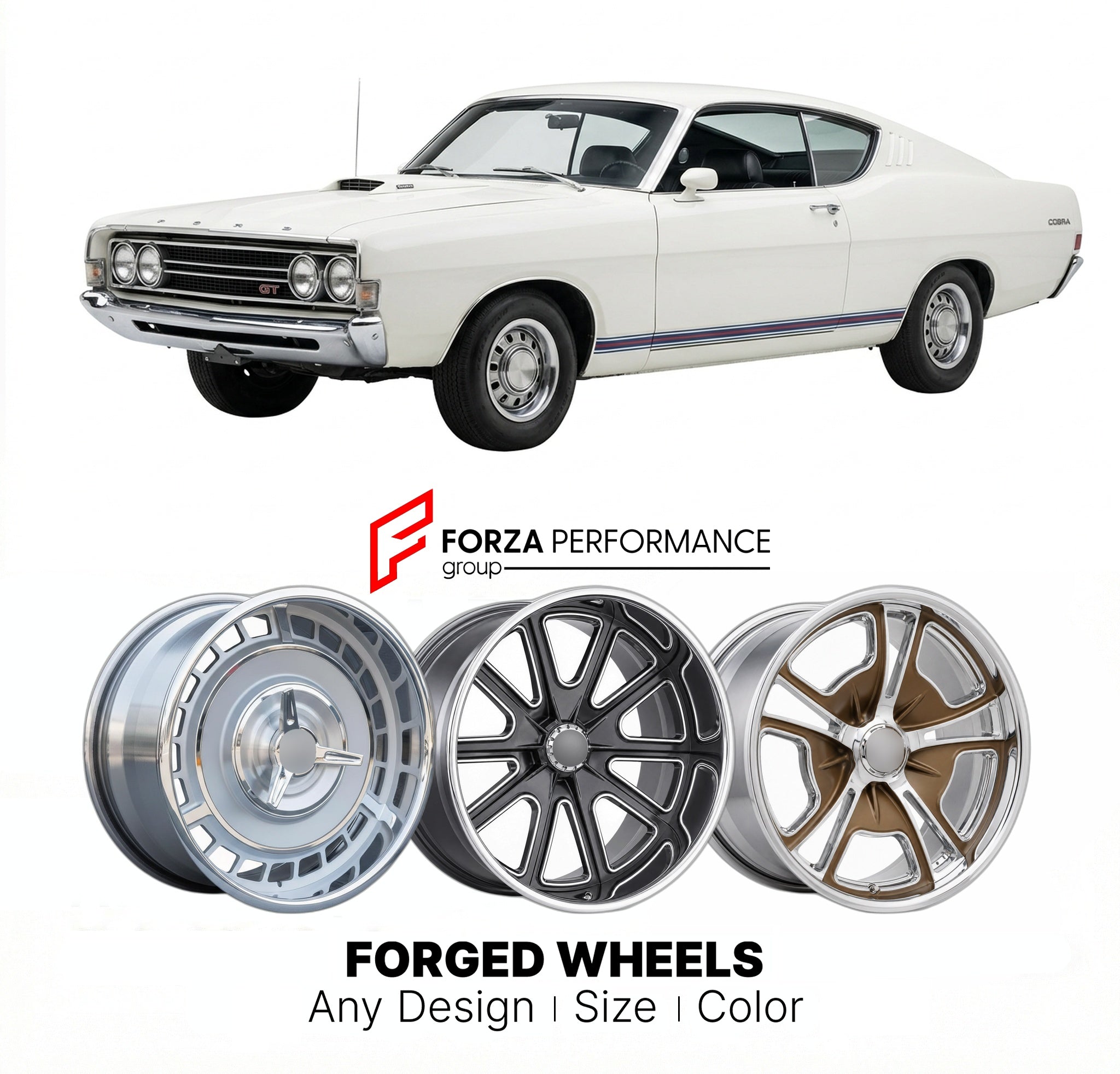 CUSTOM CLASSIC VINTAGE RESTOMOD RETRO OLD SCHOOL FORGED WHEELS RIMS for FORD TORINO COBRA 1968 - 1969