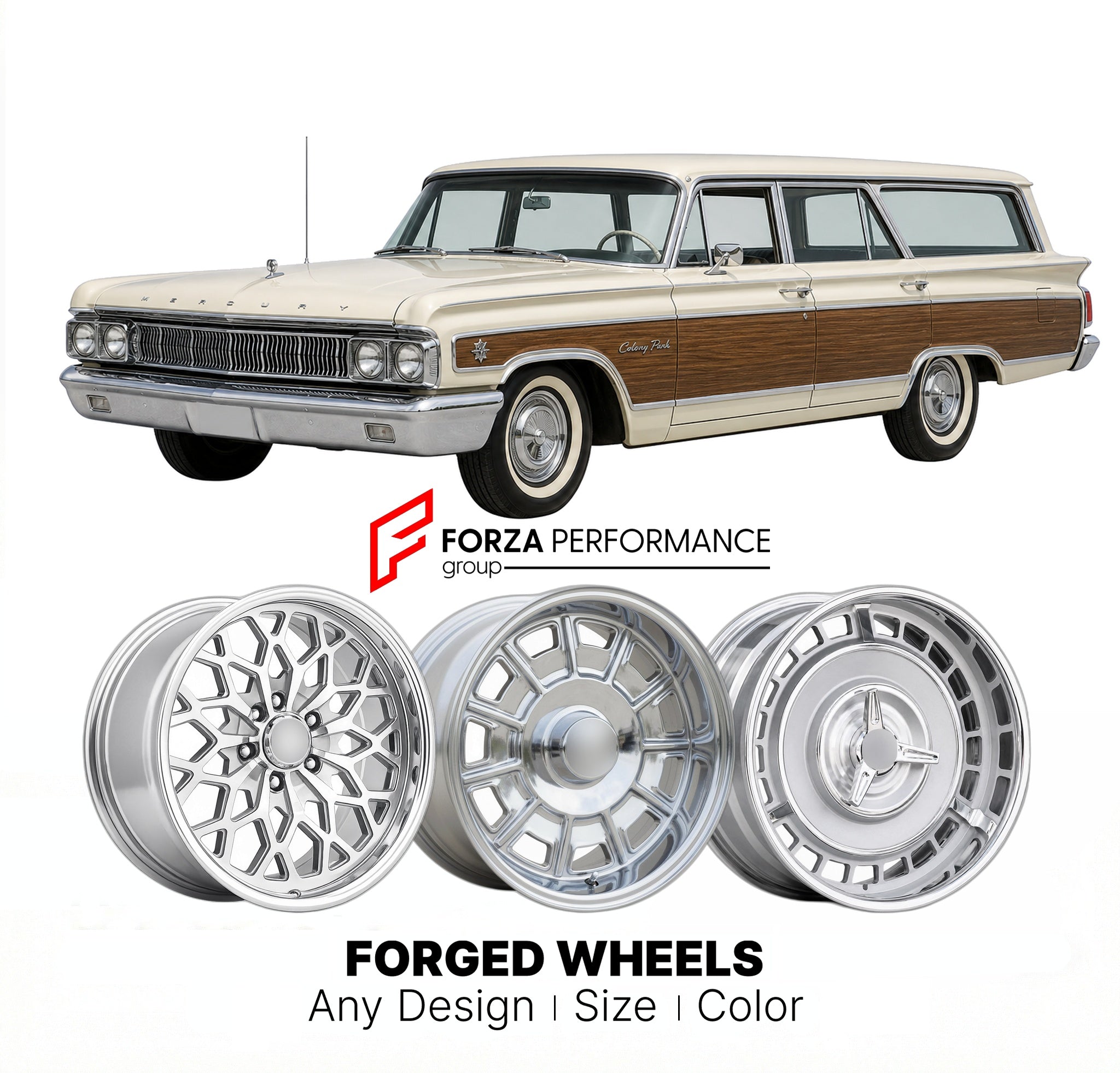 CUSTOM CLASSIC VINTAGE RESTOMOD RETRO OLD SCHOOL FORGED WHEELS RIMS for MERCURY COLONY PARK 1958 - 1990