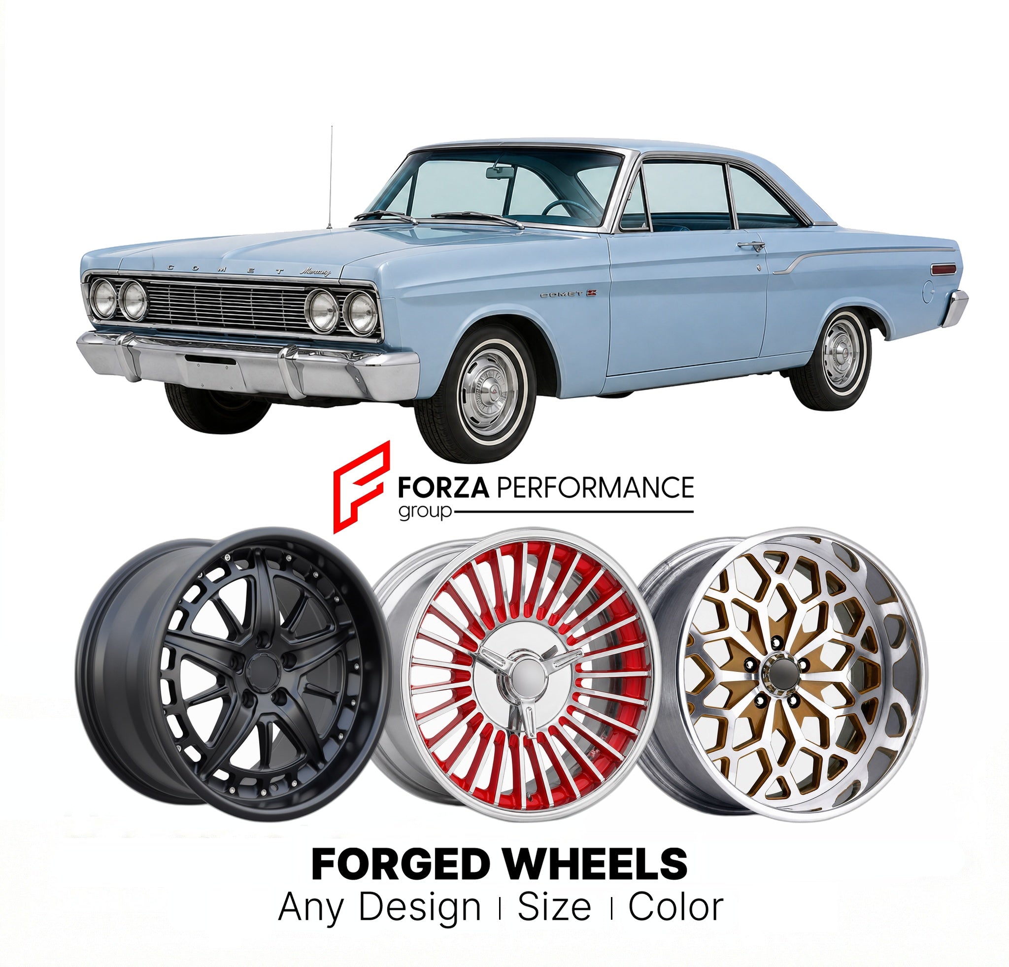 CUSTOM CLASSIC VINTAGE RESTOMOD RETRO OLD SCHOOL FORGED WHEELS RIMS for MERCURY COMET 1964 - 1965