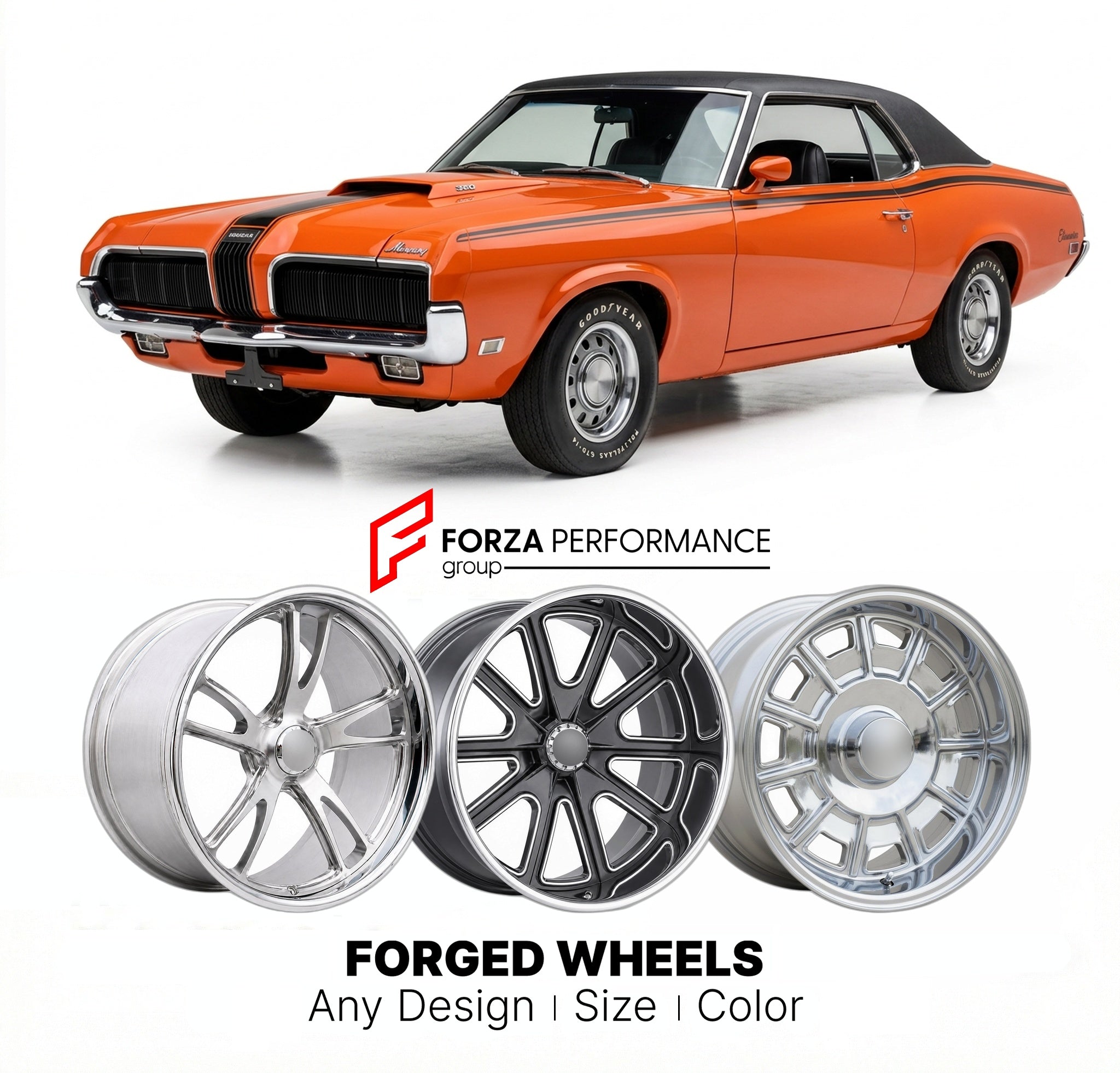 CUSTOM CLASSIC VINTAGE RESTOMOD RETRO OLD SCHOOL FORGED WHEELS RIMS for MERCURY COUGAR ELIMINATOR 1969 - 1970