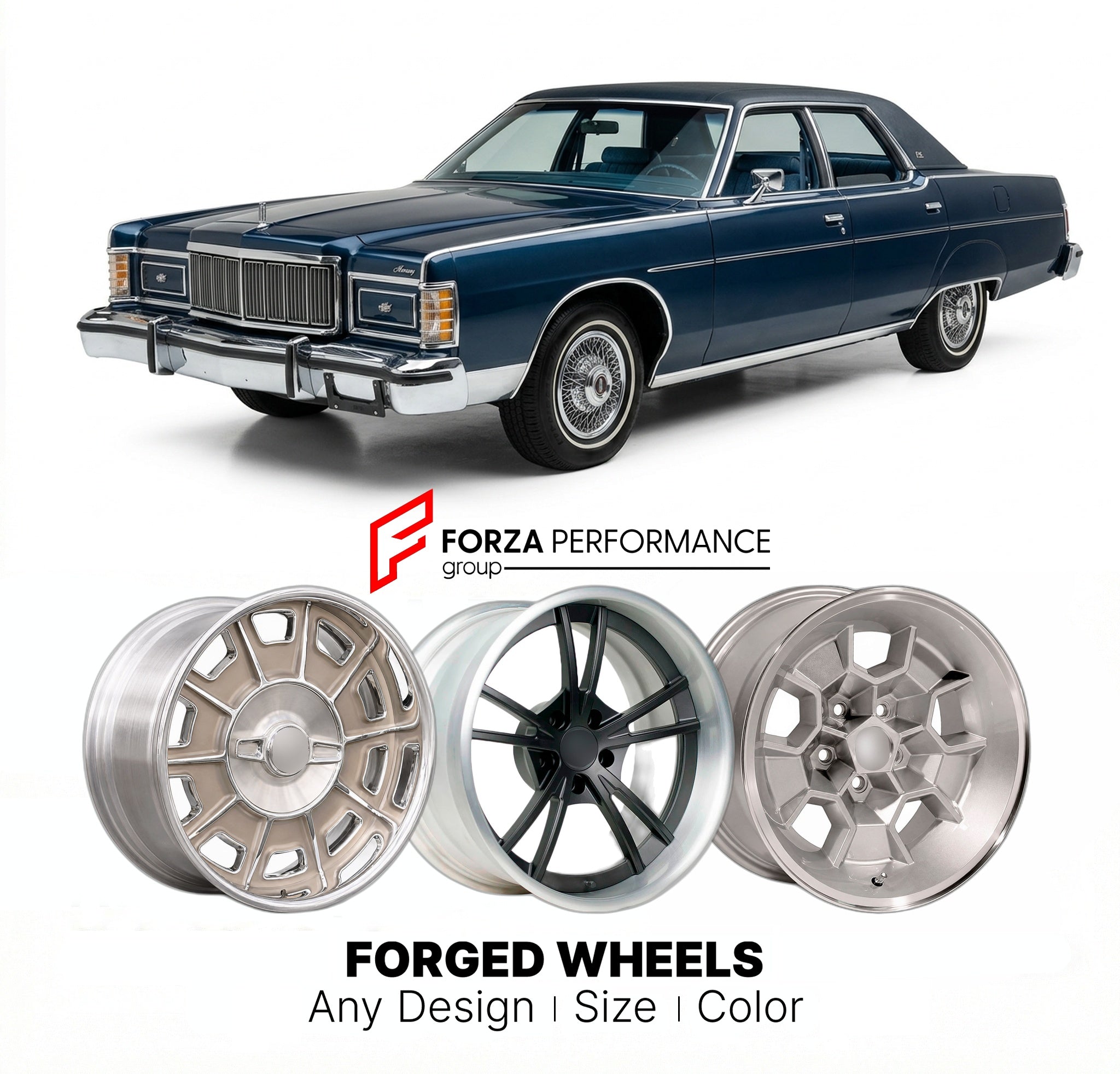 CUSTOM CLASSIC VINTAGE RESTOMOD RETRO OLD SCHOOL FORGED WHEELS RIMS for MERCURY GRAND MARQUIS 1975 - 1978