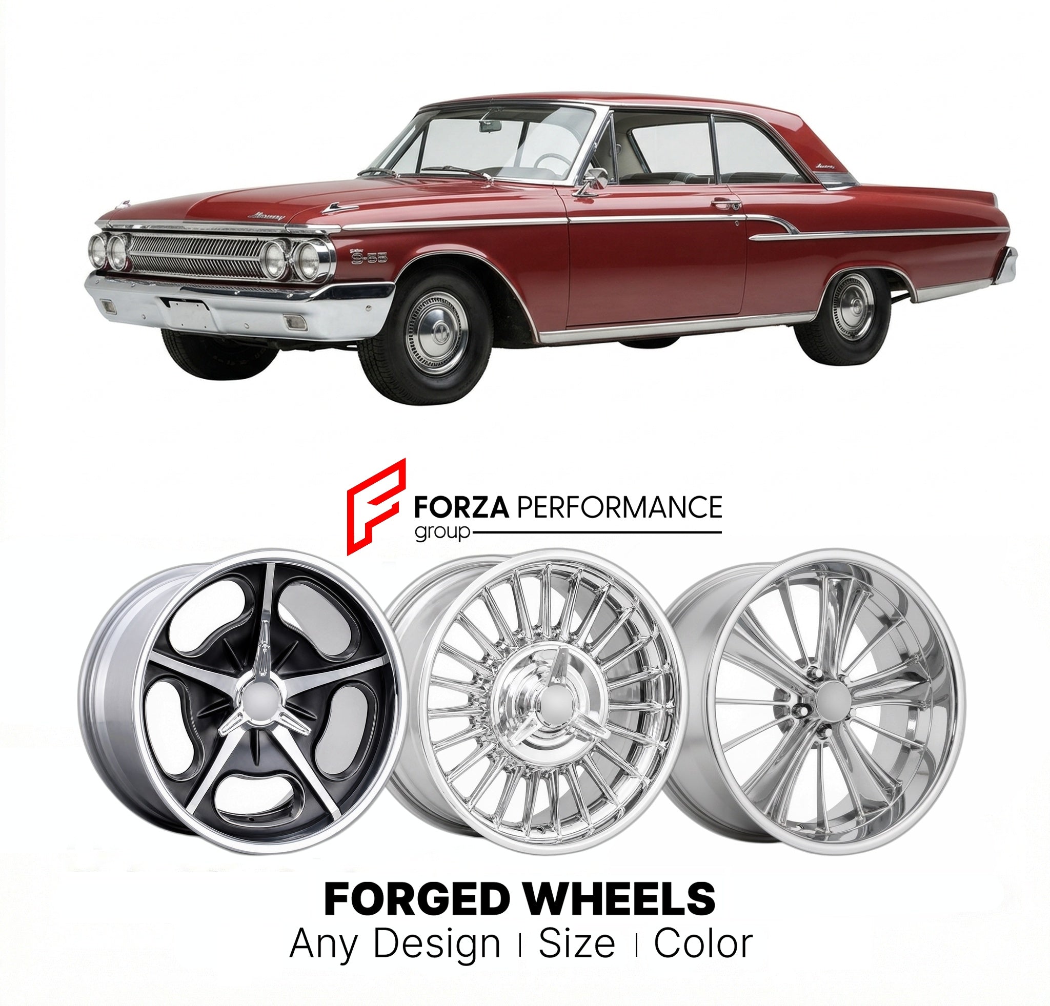 CUSTOM CLASSIC VINTAGE RESTOMOD RETRO OLD SCHOOL FORGED WHEELS RIMS for MERCURY MARAUDER S-55 1962 - 1967