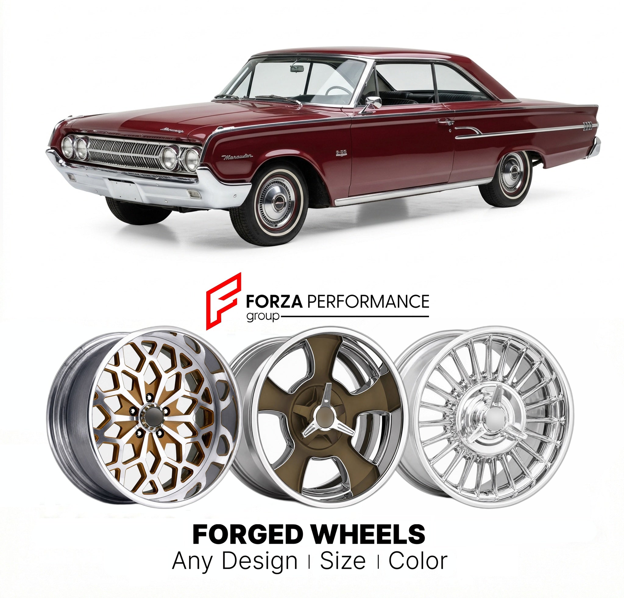 CUSTOM CLASSIC VINTAGE RESTOMOD RETRO OLD SCHOOL FORGED WHEELS RIMS for MERCURY S-55 MARAUDER 1962 - 1967