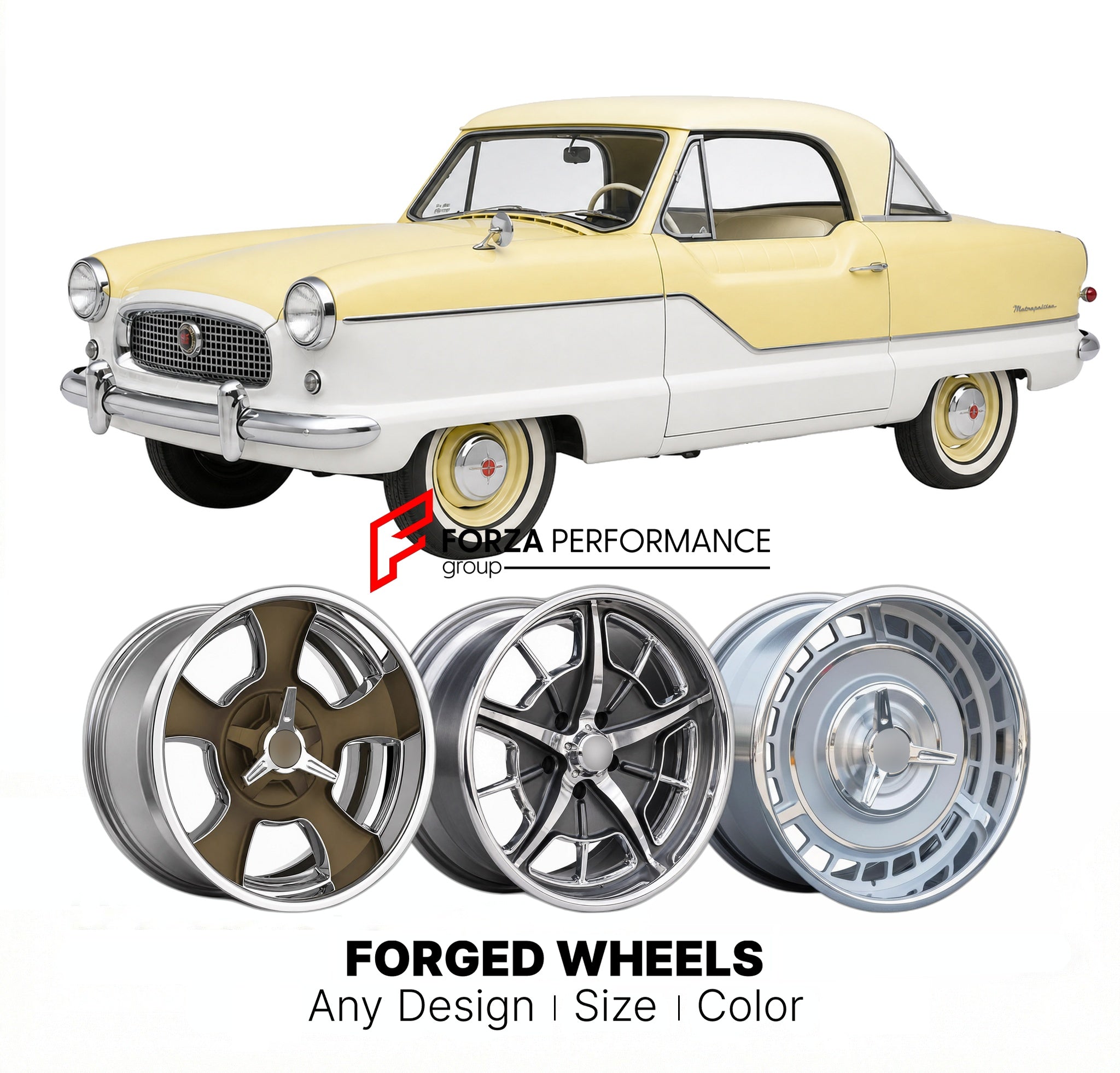 CUSTOM CLASSIC VINTAGE RESTOMOD RETRO OLD SCHOOL FORGED WHEELS RIMS for NASH METROPOLITAN 1958 - 1962