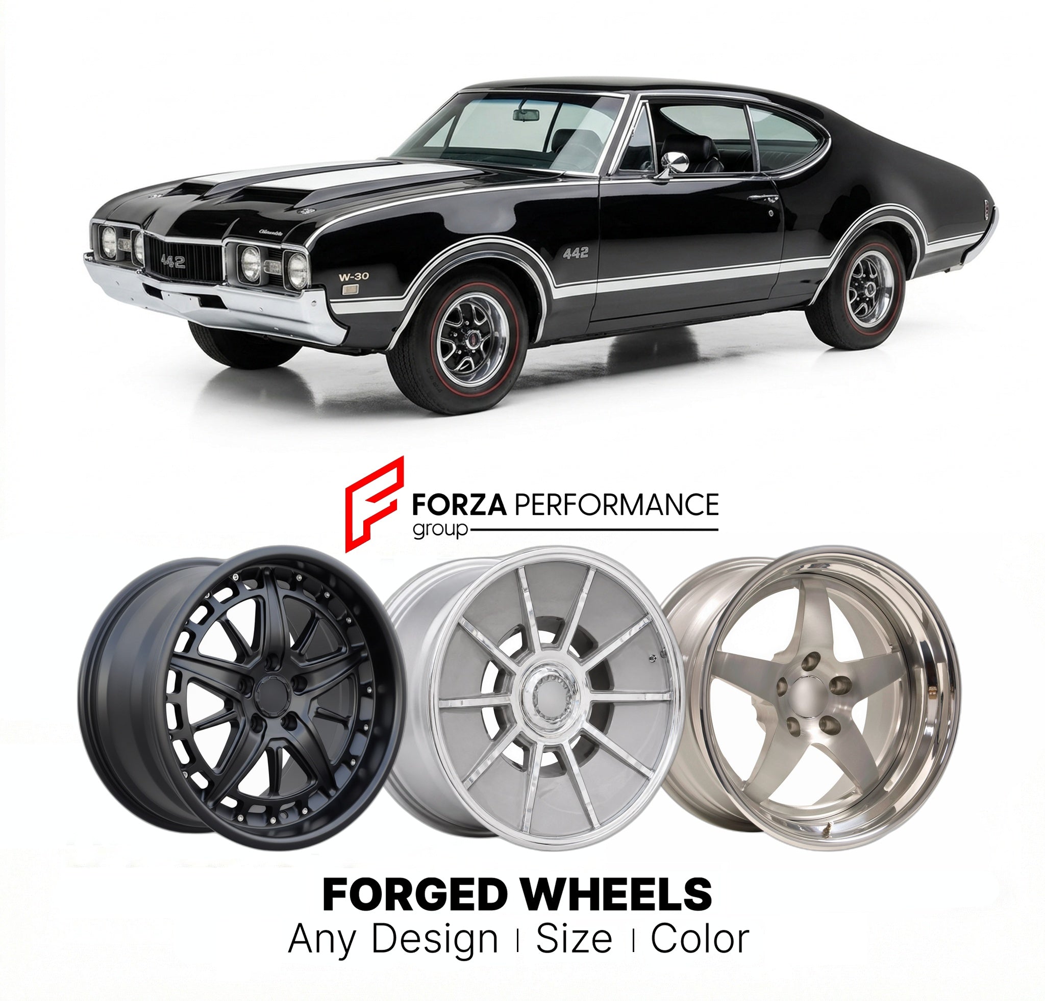 CUSTOM CLASSIC VINTAGE RESTOMOD RETRO OLD SCHOOL FORGED WHEELS RIMS for OLDSMOBILE 442 W-30 1968 - 1972