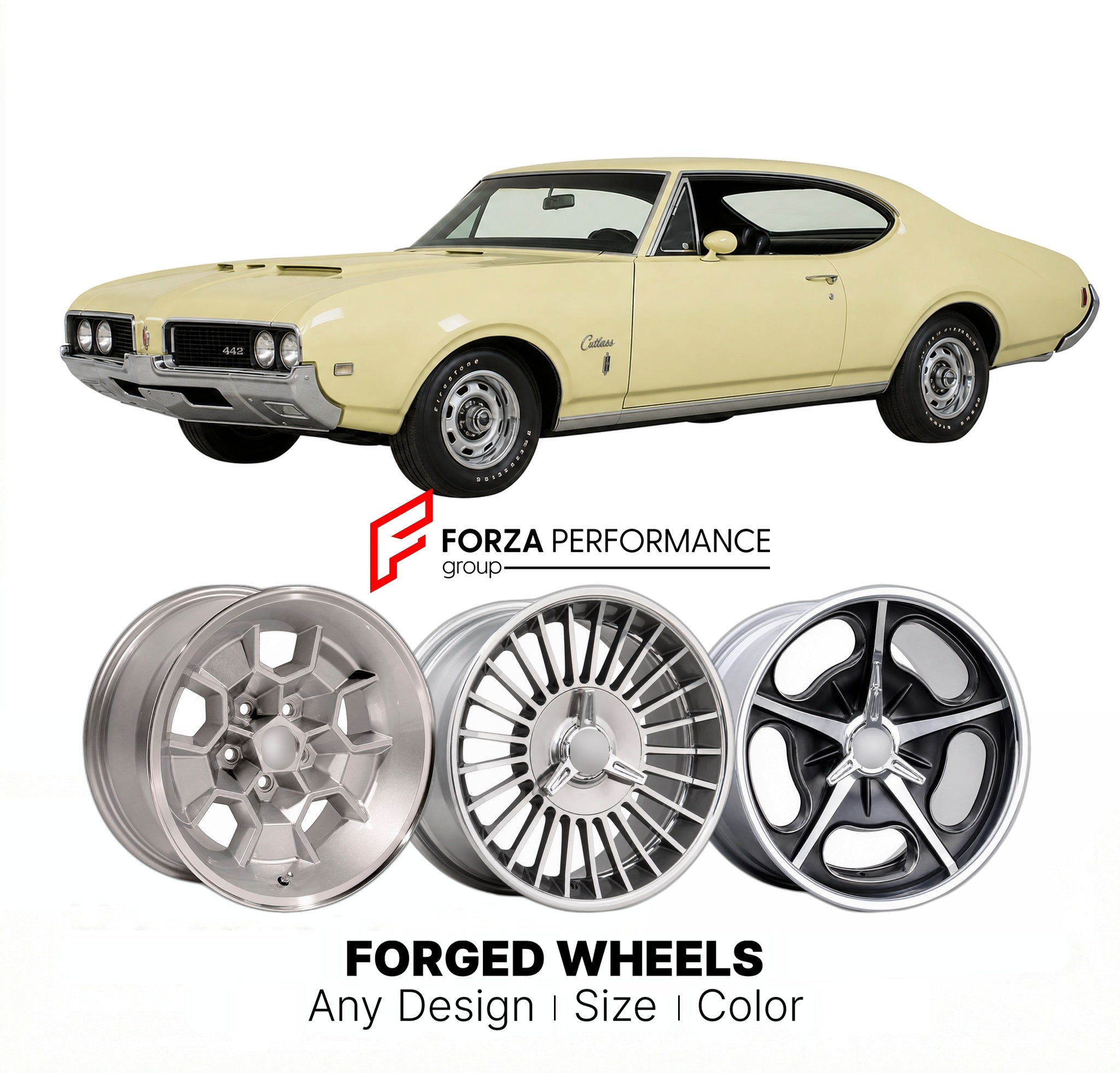 CUSTOM CLASSIC VINTAGE RESTOMOD RETRO OLD SCHOOL FORGED WHEELS RIMS for OLDSMOBILE CUTLASS RAM-ROD 350 1968 - 1968