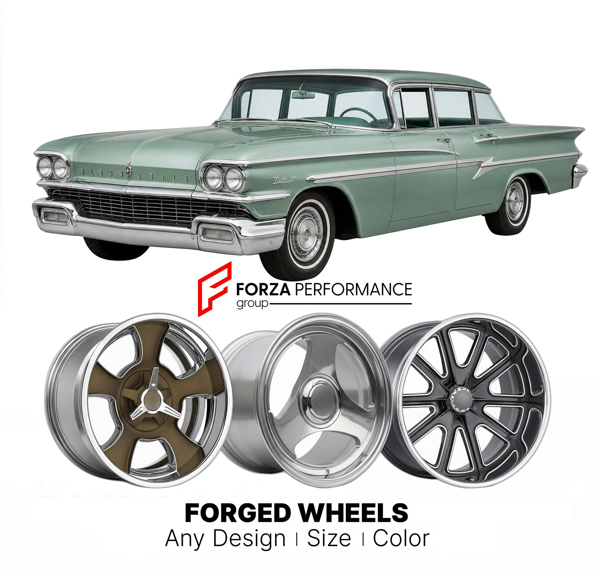 CUSTOM CLASSIC VINTAGE RESTOMOD RETRO OLD SCHOOL FORGED WHEELS RIMS for OLDSMOBILE DELTA 88 1958 - 1960