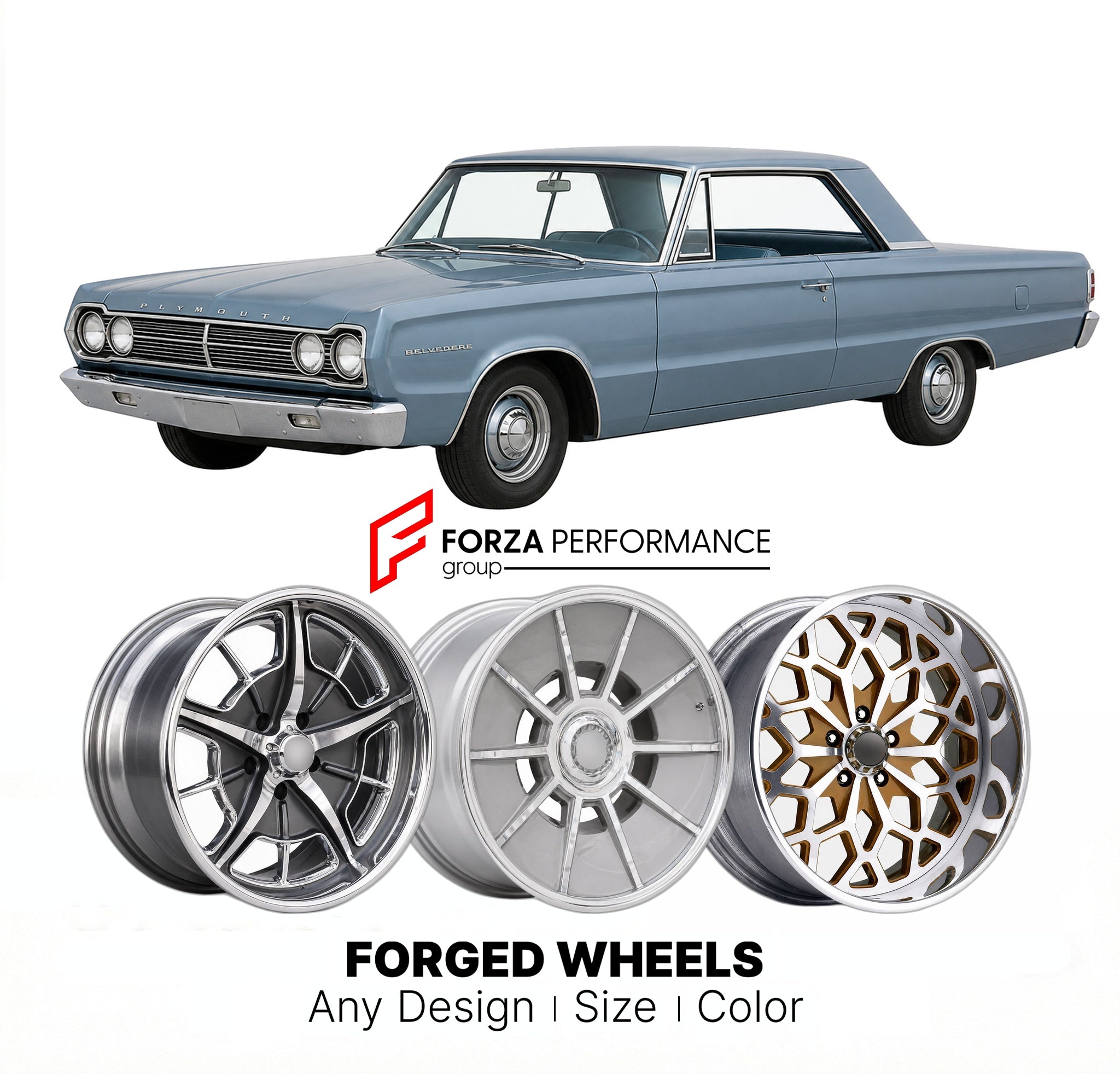 CUSTOM CLASSIC VINTAGE RESTOMOD RETRO OLD SCHOOL FORGED WHEELS RIMS for PLYMOUTH BELVEDERE 1965 - 1967