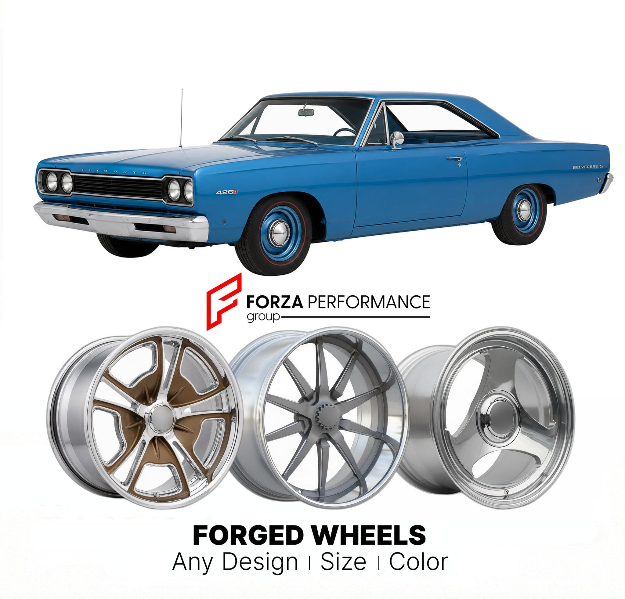 CUSTOM CLASSIC VINTAGE RESTOMOD RETRO OLD SCHOOL FORGED WHEELS RIMS for PLYMOUTH BELVEDERE 426-S 1968 - 1970