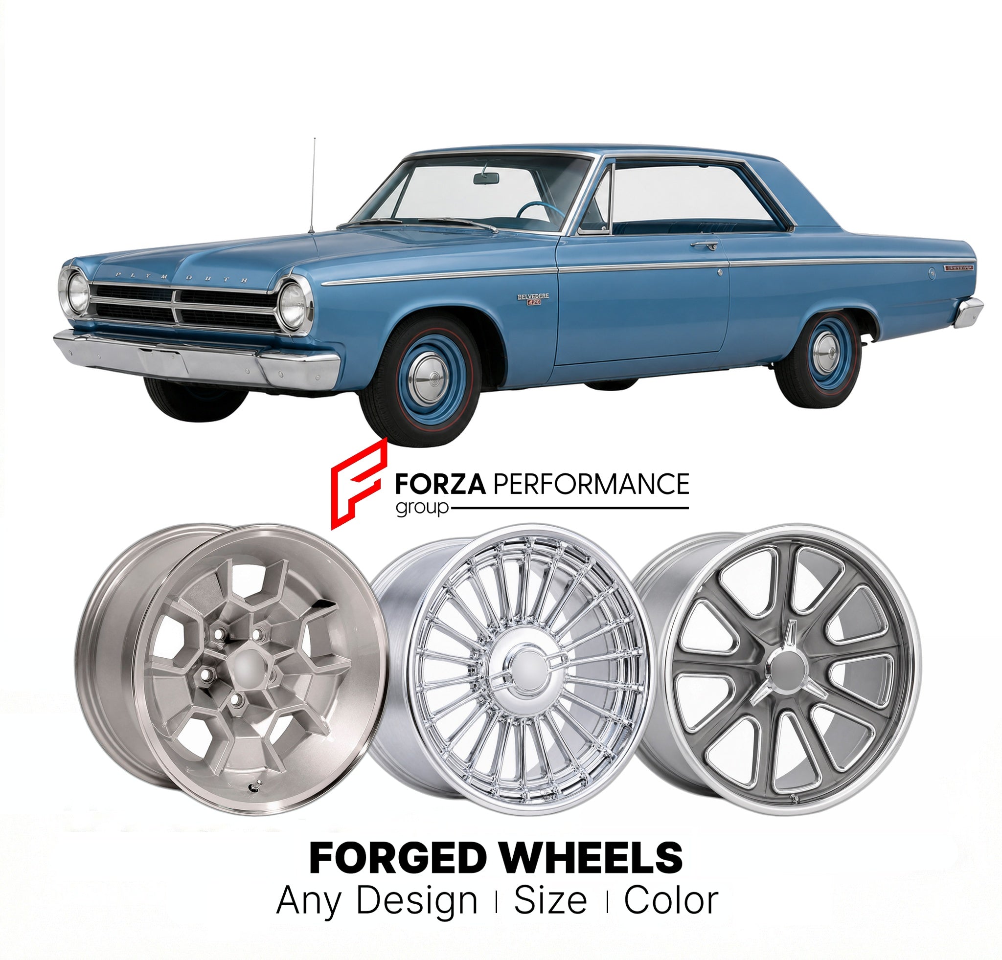 CUSTOM CLASSIC VINTAGE RESTOMOD RETRO OLD SCHOOL FORGED WHEELS RIMS for PLYMOUTH BELVEDERE 426 STREET WEDGE 1965 - 1965