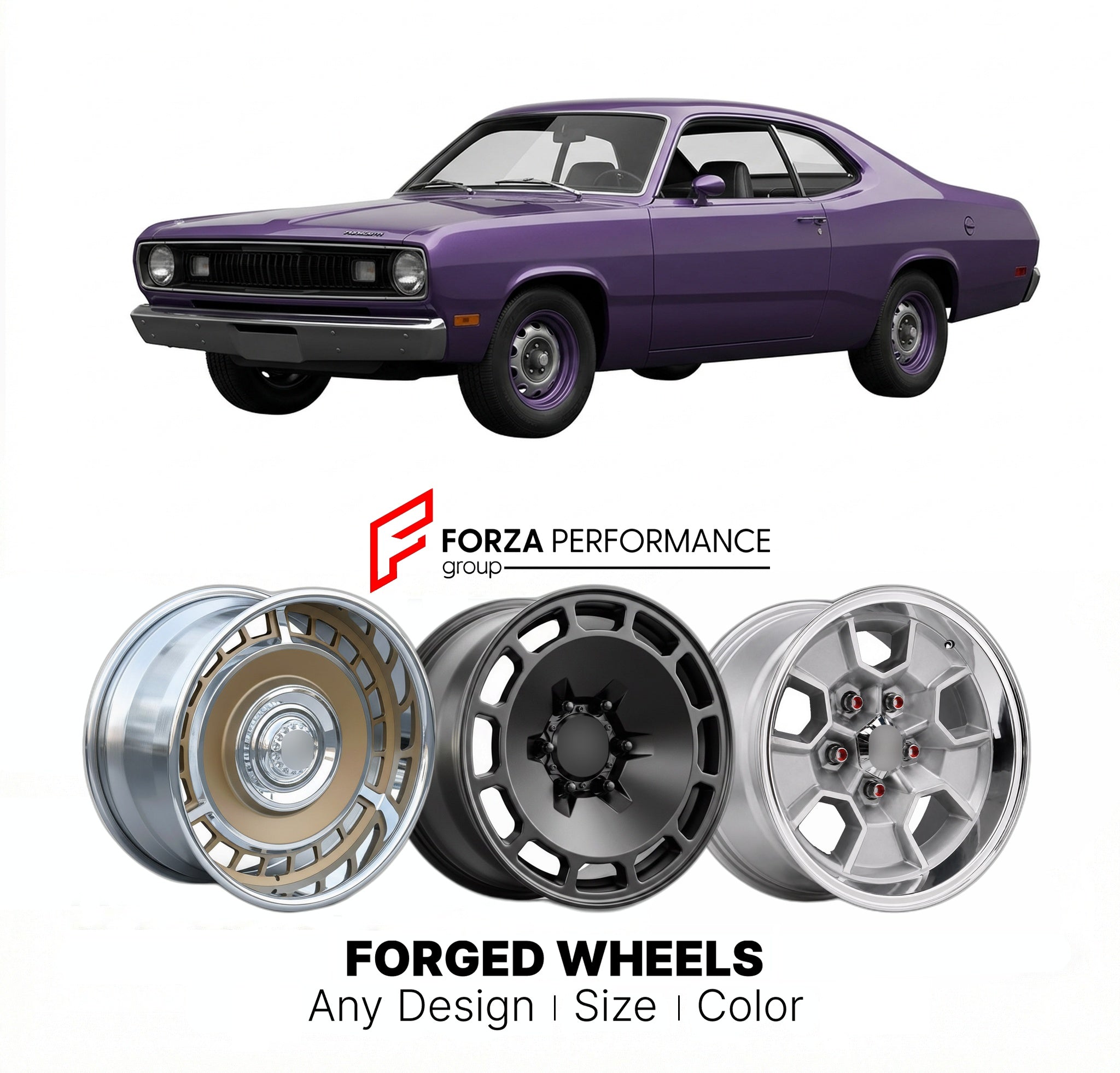 CUSTOM CLASSIC VINTAGE RESTOMOD RETRO OLD SCHOOL FORGED WHEELS RIMS for PLYMOUTH DUSTER 1970 - 1973