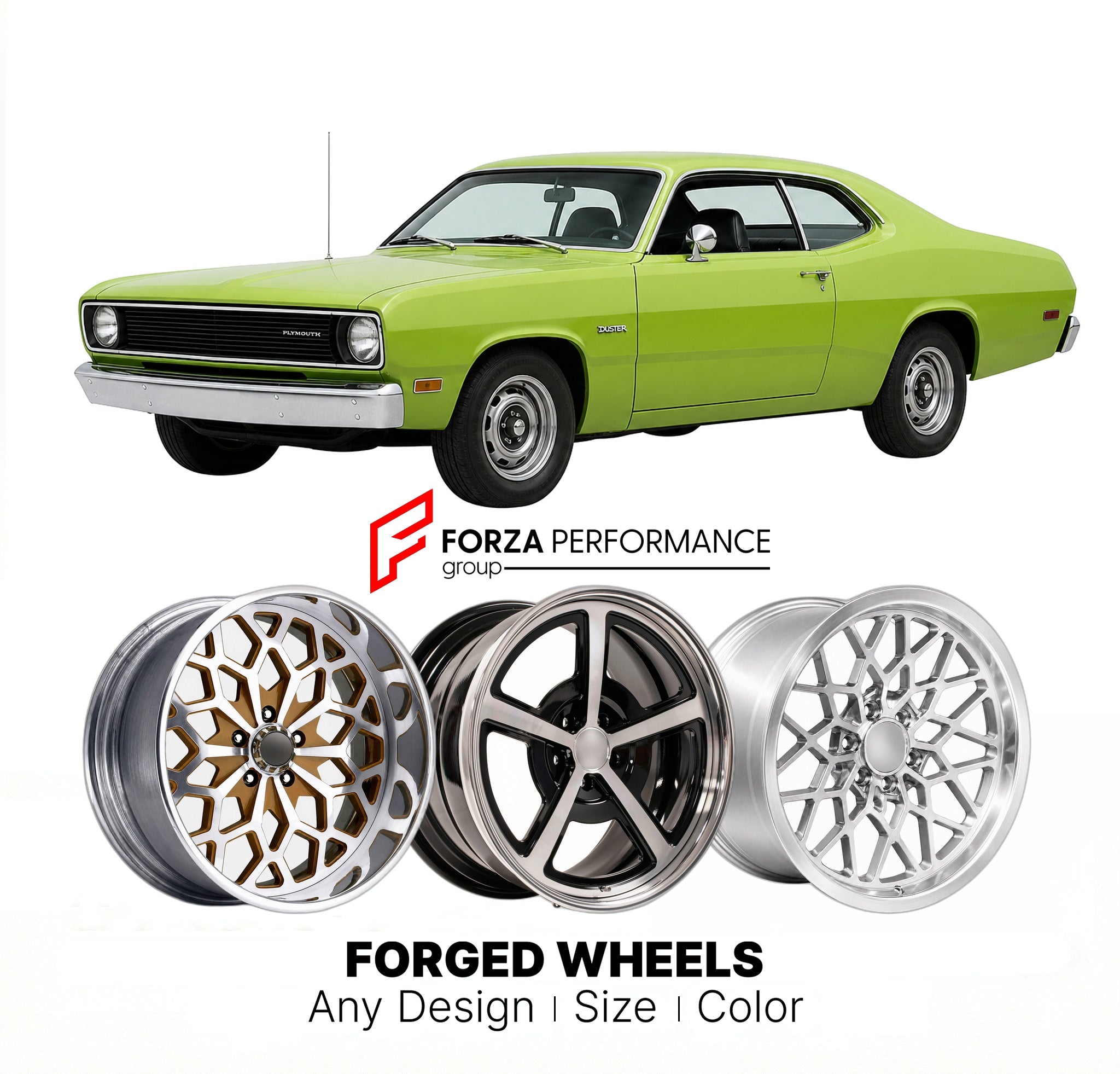 CUSTOM CLASSIC VINTAGE RESTOMOD RETRO OLD SCHOOL FORGED WHEELS RIMS for PLYMOUTH DUSTER 1974 - 1976