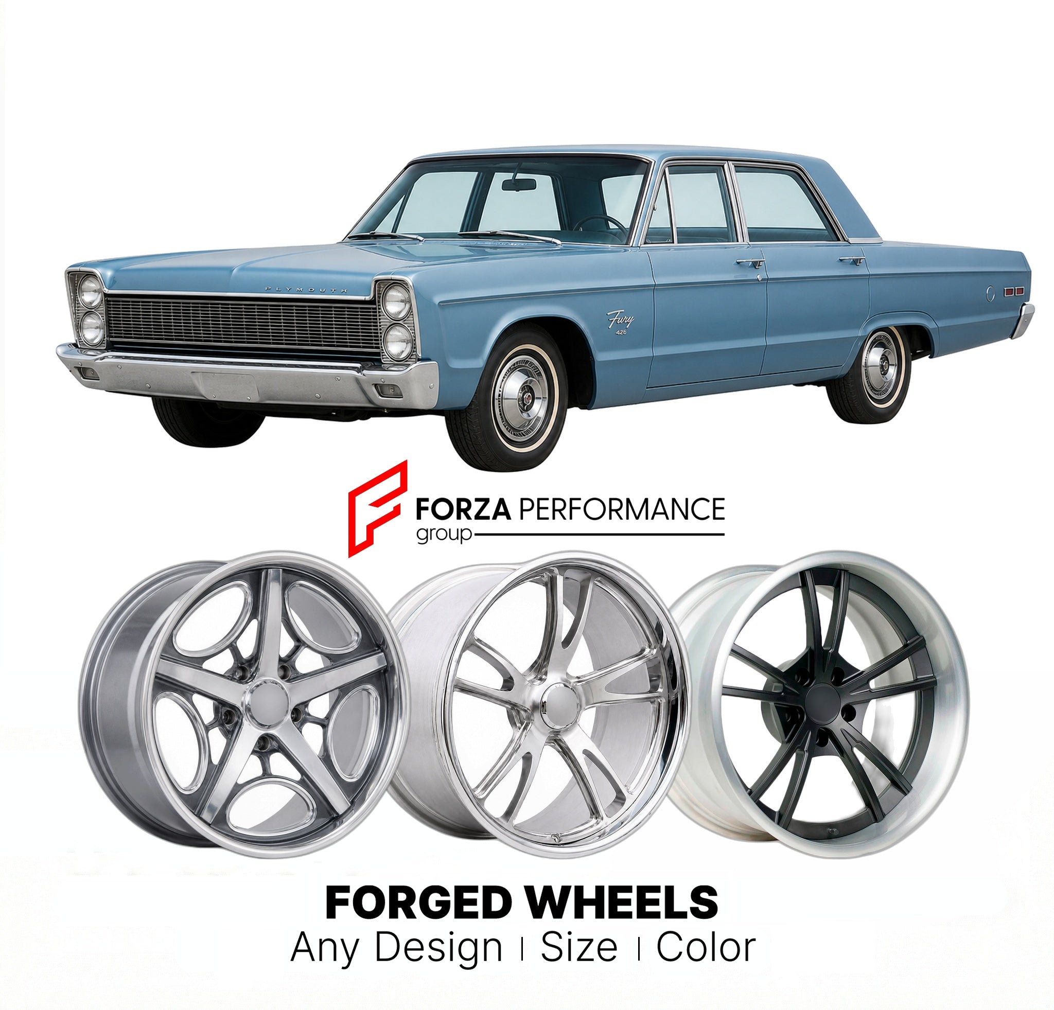 CUSTOM CLASSIC VINTAGE RESTOMOD RETRO OLD SCHOOL FORGED WHEELS RIMS for PLYMOUTH FURY 426 STREET WEDGE 1965 - 1965
