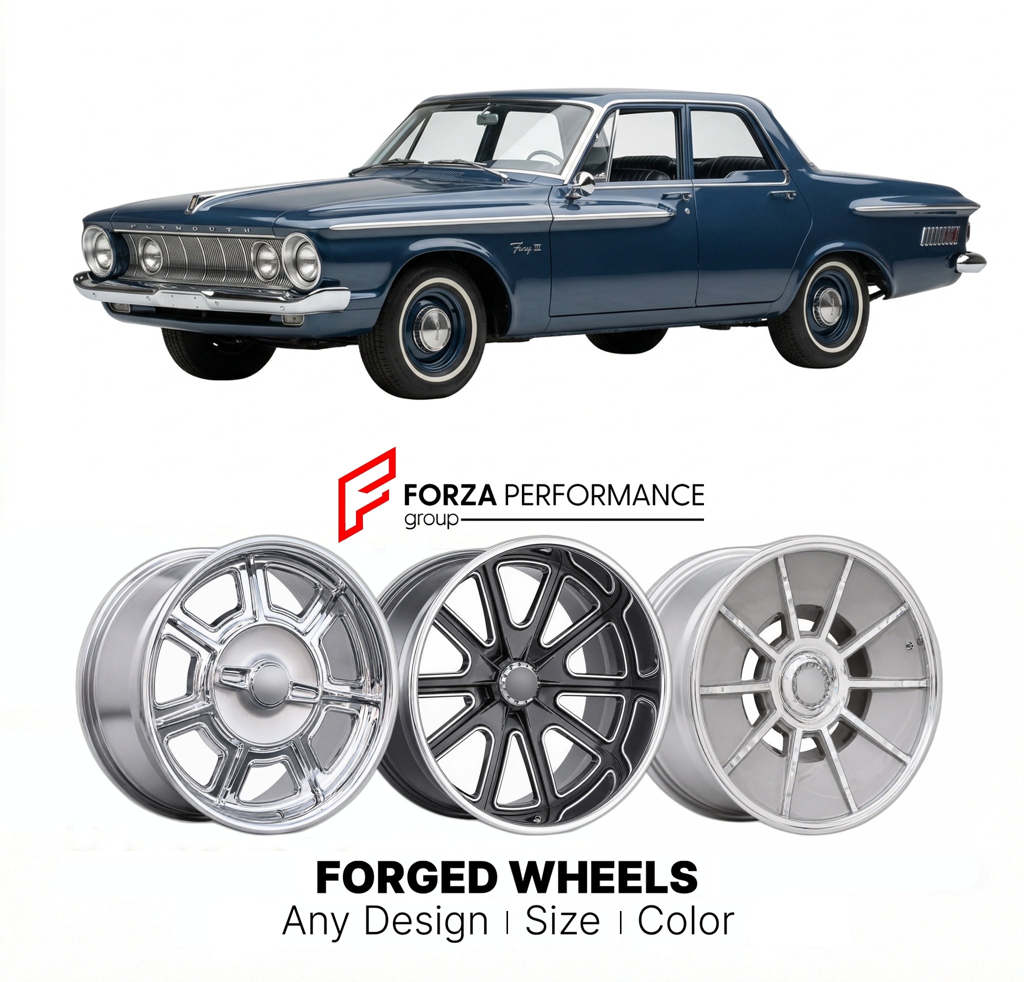 CUSTOM CLASSIC VINTAGE RESTOMOD RETRO OLD SCHOOL FORGED WHEELS RIMS for PLYMOUTH FURY III 1962 - 1964