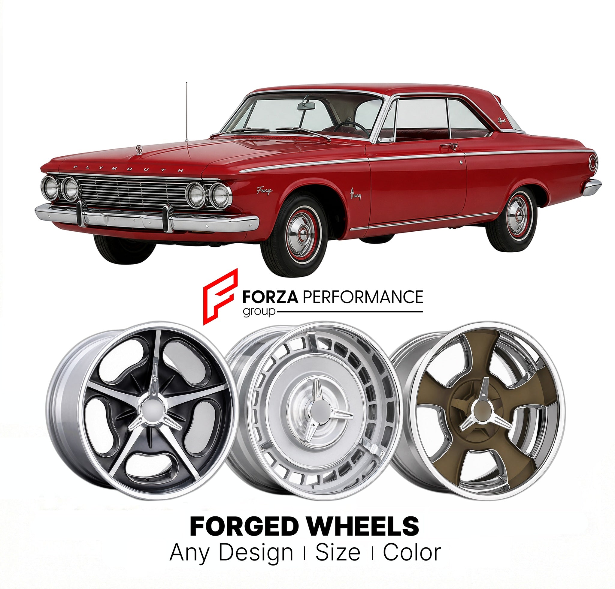 CUSTOM CLASSIC VINTAGE RESTOMOD RETRO OLD SCHOOL FORGED WHEELS RIMS for PLYMOUTH FURY SPORT 1962 - 1964