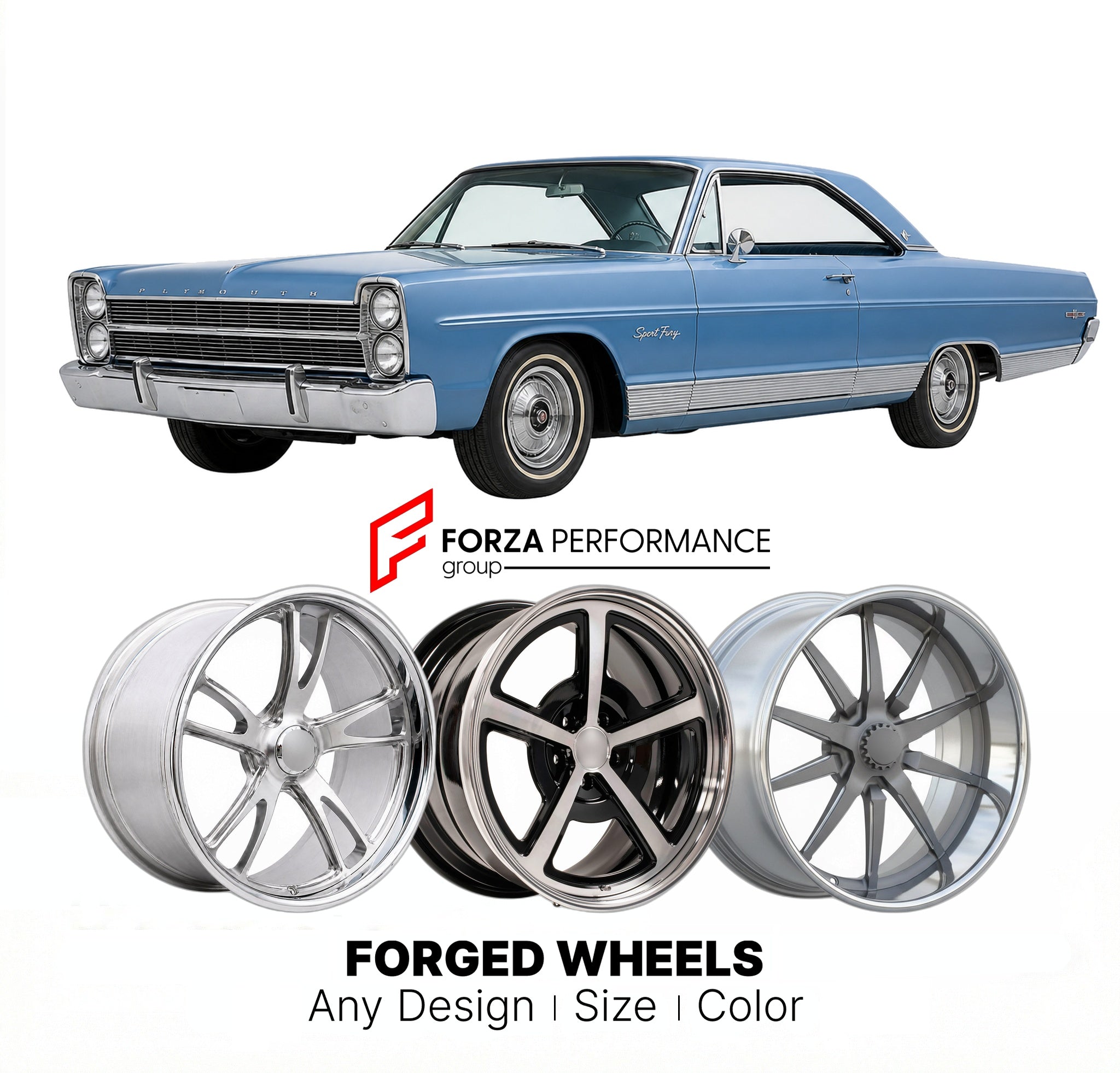 CUSTOM CLASSIC VINTAGE RESTOMOD RETRO OLD SCHOOL FORGED WHEELS RIMS for PLYMOUTH FURY SPORT 1965 - 1967