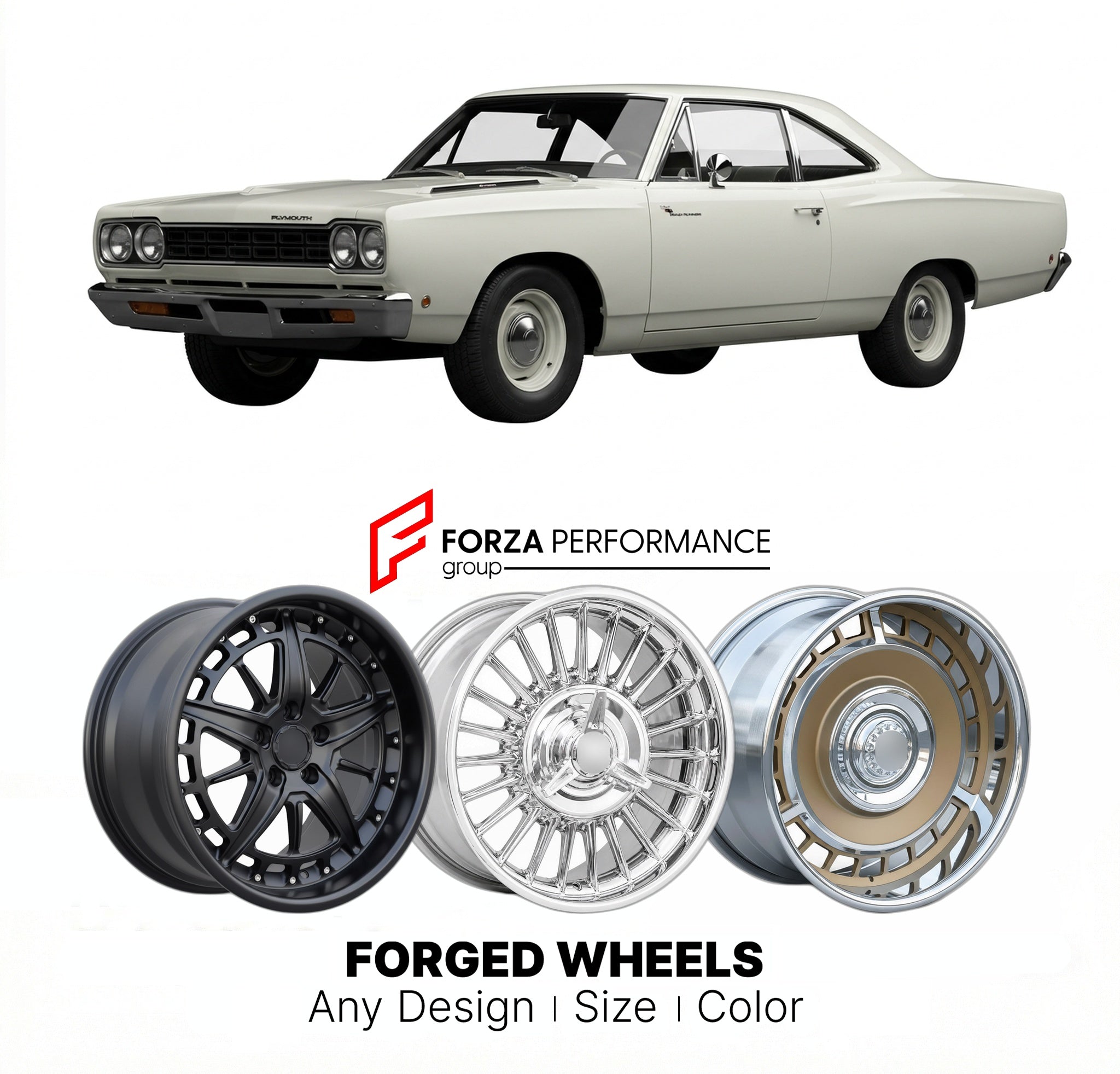CUSTOM CLASSIC VINTAGE RESTOMOD RETRO OLD SCHOOL FORGED WHEELS RIMS for PLYMOUTH ROAD RUNNER 1968 - 1970