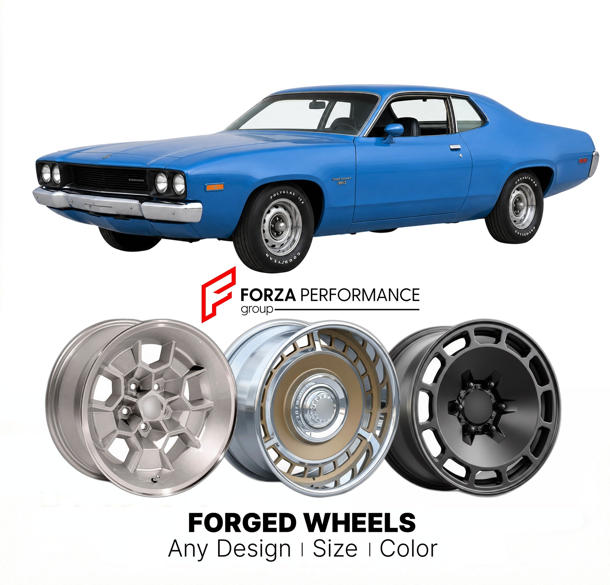 CUSTOM CLASSIC VINTAGE RESTOMOD RETRO OLD SCHOOL FORGED WHEELS RIMS for PLYMOUTH ROAD RUNNER 360 1974 - 1974