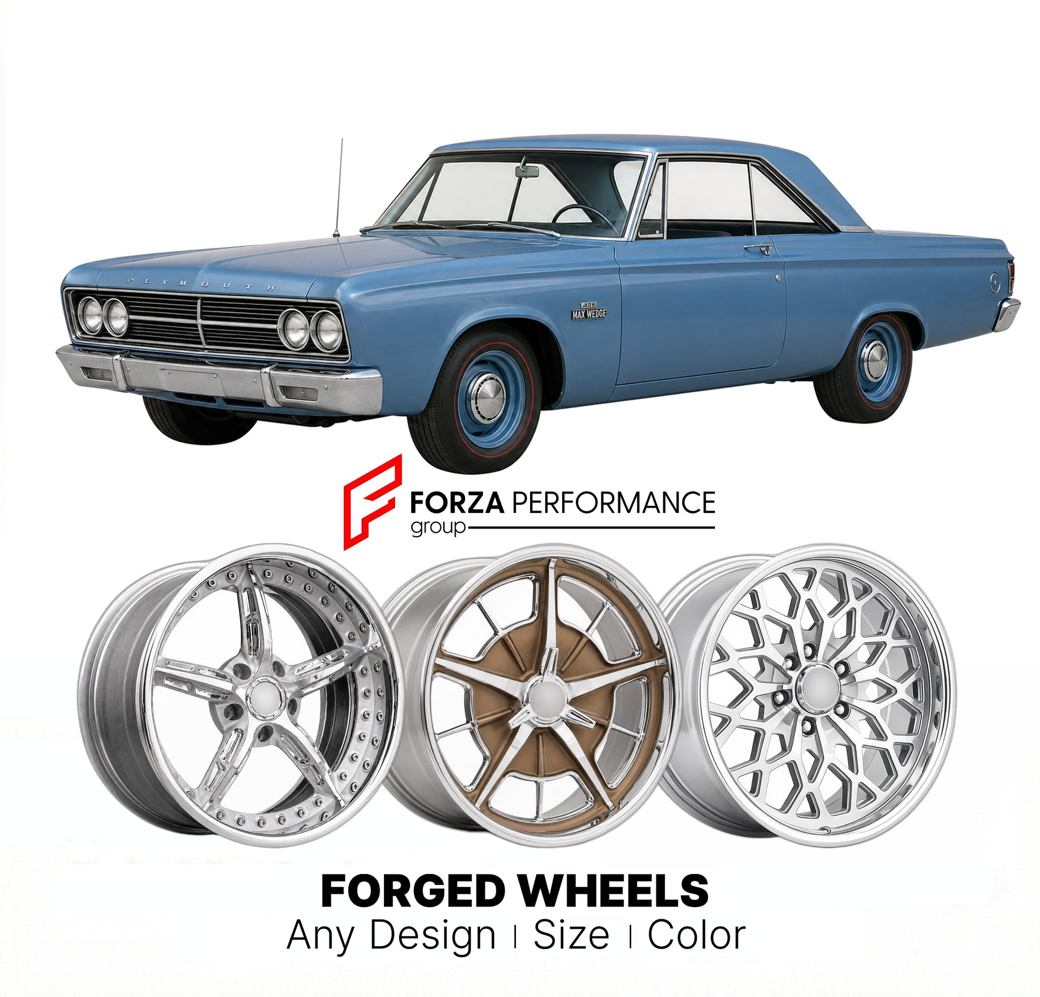 CUSTOM CLASSIC VINTAGE RESTOMOD RETRO OLD SCHOOL FORGED WHEELS RIMS for PLYMOUTH SAVOY MAX WEDGE 1965 - 1965