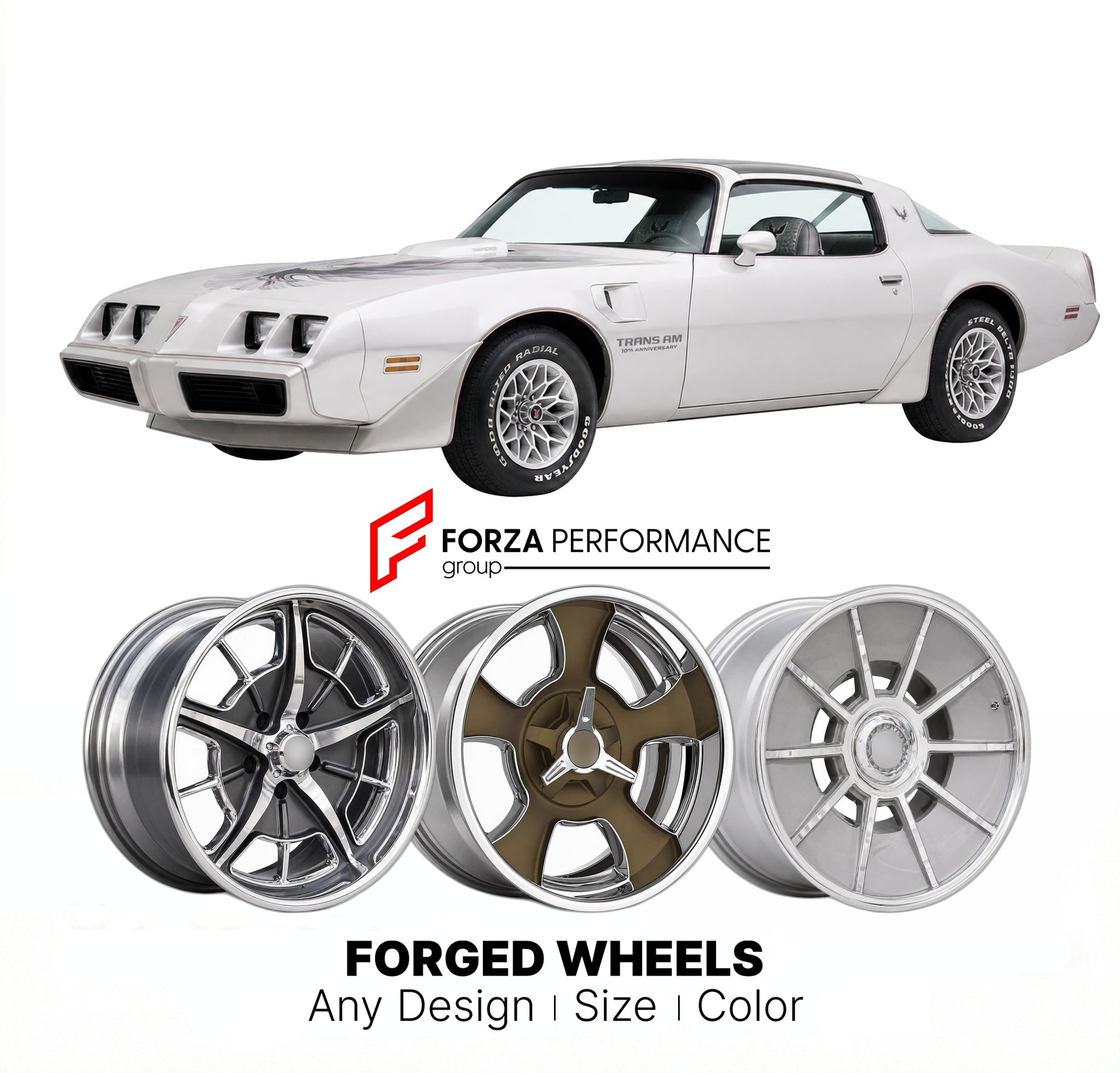 CUSTOM CLASSIC VINTAGE RESTOMOD RETRO OLD SCHOOL FORGED WHEELS RIMS for PONTIAC FIREBIRD TRANS AM 10TH ANNIVERSARY 1979 - 1979
