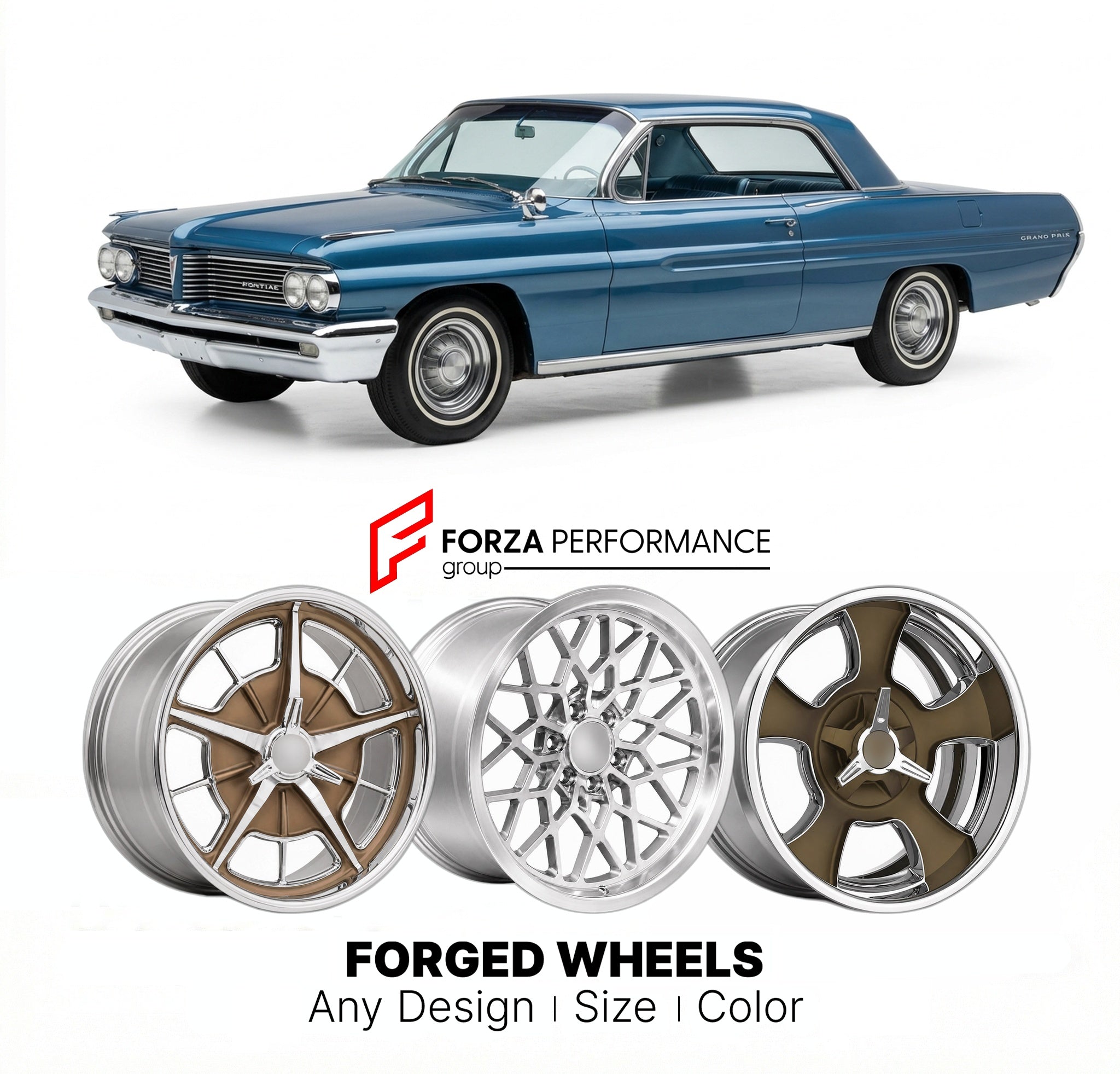 CUSTOM CLASSIC VINTAGE RESTOMOD RETRO OLD SCHOOL FORGED WHEELS RIMS for PONTIAC GRAND PRIX 1962 - 1990