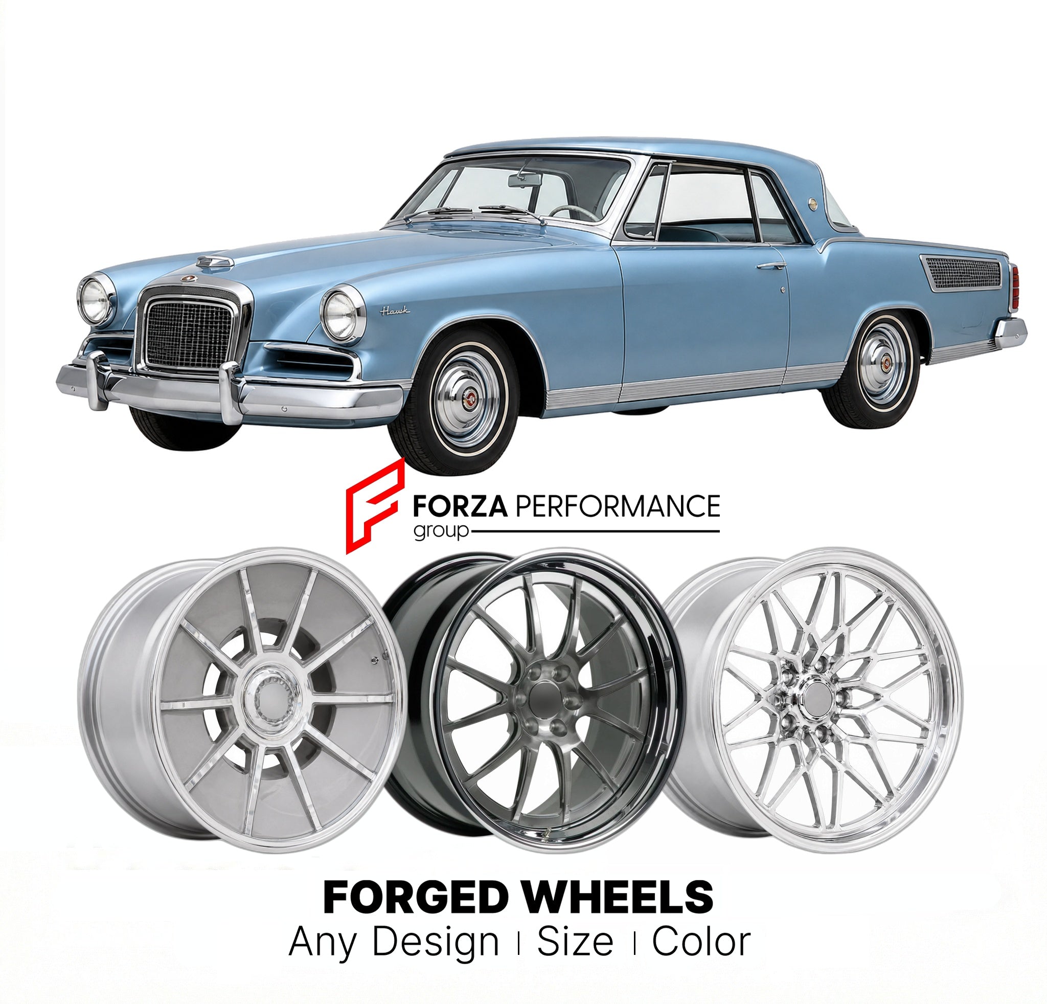 CUSTOM CLASSIC VINTAGE RESTOMOD RETRO OLD SCHOOL FORGED WHEELS RIMS for STUDEBAKER HAWK 1958 - 1964