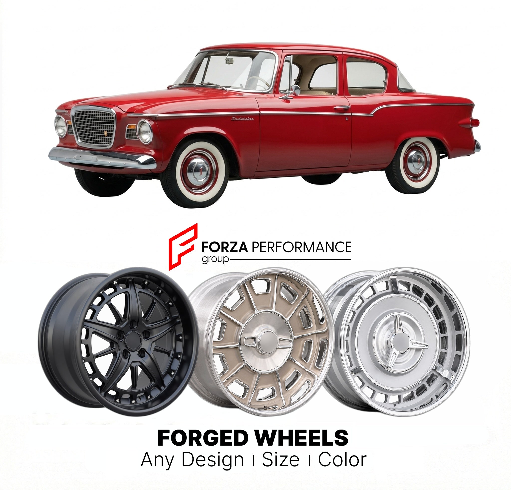 CUSTOM CLASSIC VINTAGE RESTOMOD RETRO OLD SCHOOL FORGED WHEELS RIMS for STUDEBAKER LARK 1959 - 1966
