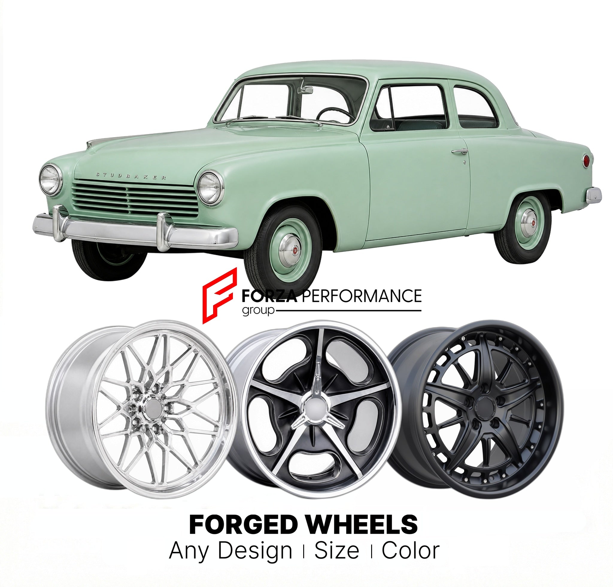 CUSTOM CLASSIC VINTAGE RESTOMOD RETRO OLD SCHOOL FORGED WHEELS RIMS for STUDEBAKER SCOTSMAN 1958 - 1964