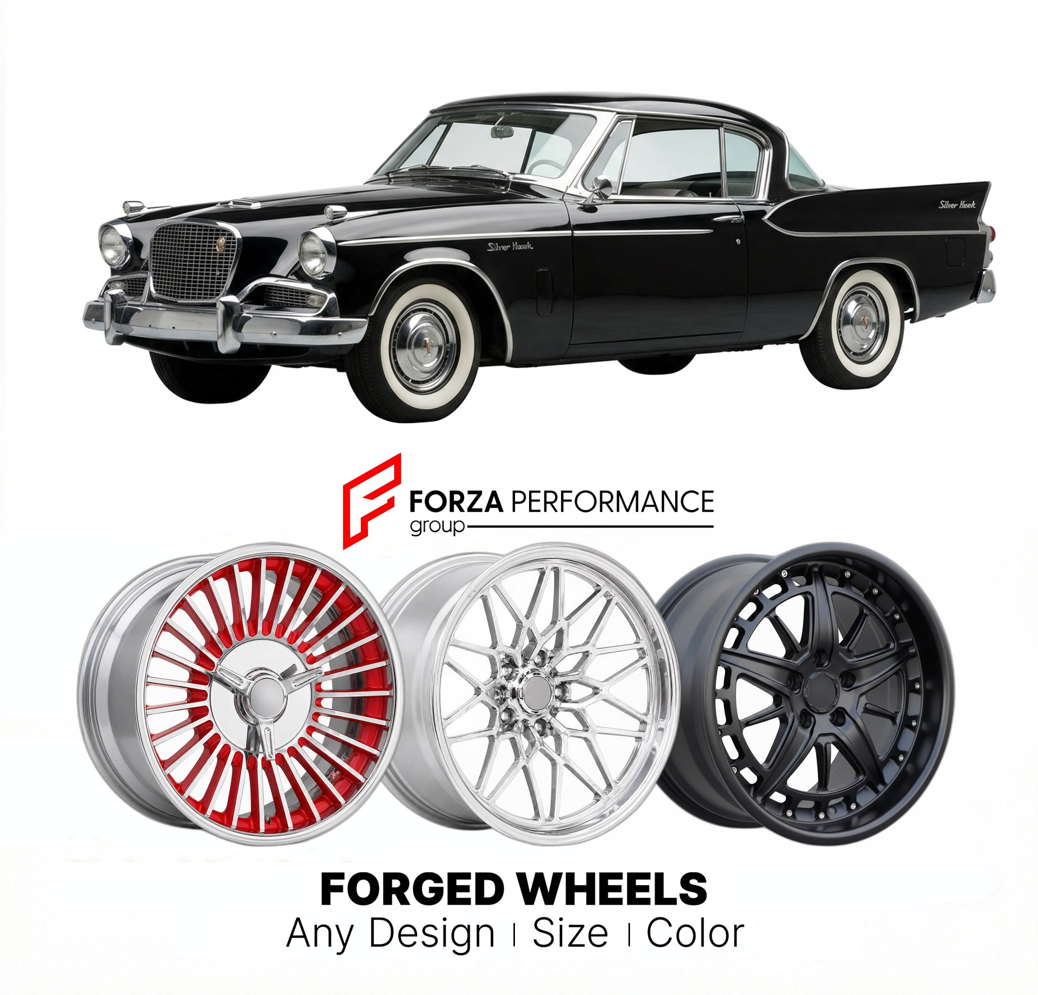CUSTOM CLASSIC VINTAGE RESTOMOD RETRO OLD SCHOOL FORGED WHEELS RIMS for STUDEBAKER SILVER HAWK 1959 - 1960