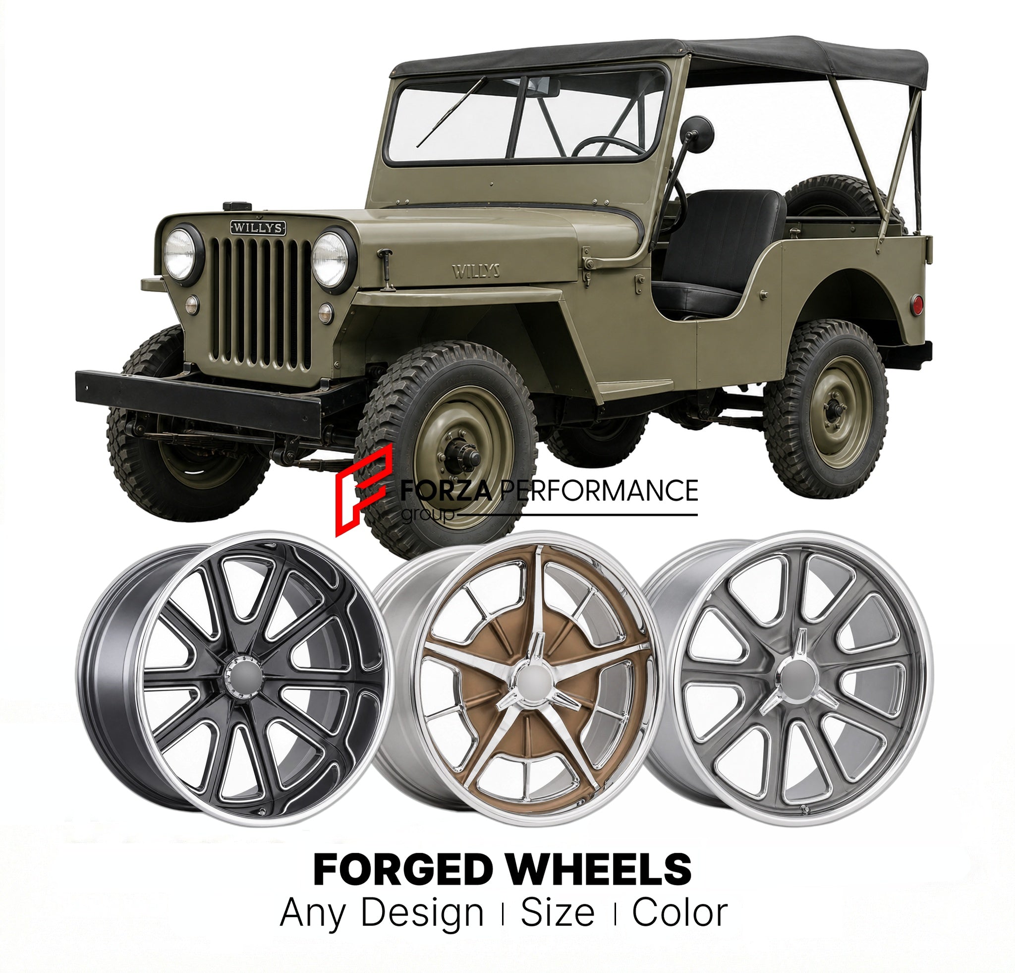 CUSTOM CLASSIC VINTAGE RESTOMOD RETRO OLD SCHOOL FORGED WHEELS RIMS for WILLYS CJ-3B 1958 - 1968