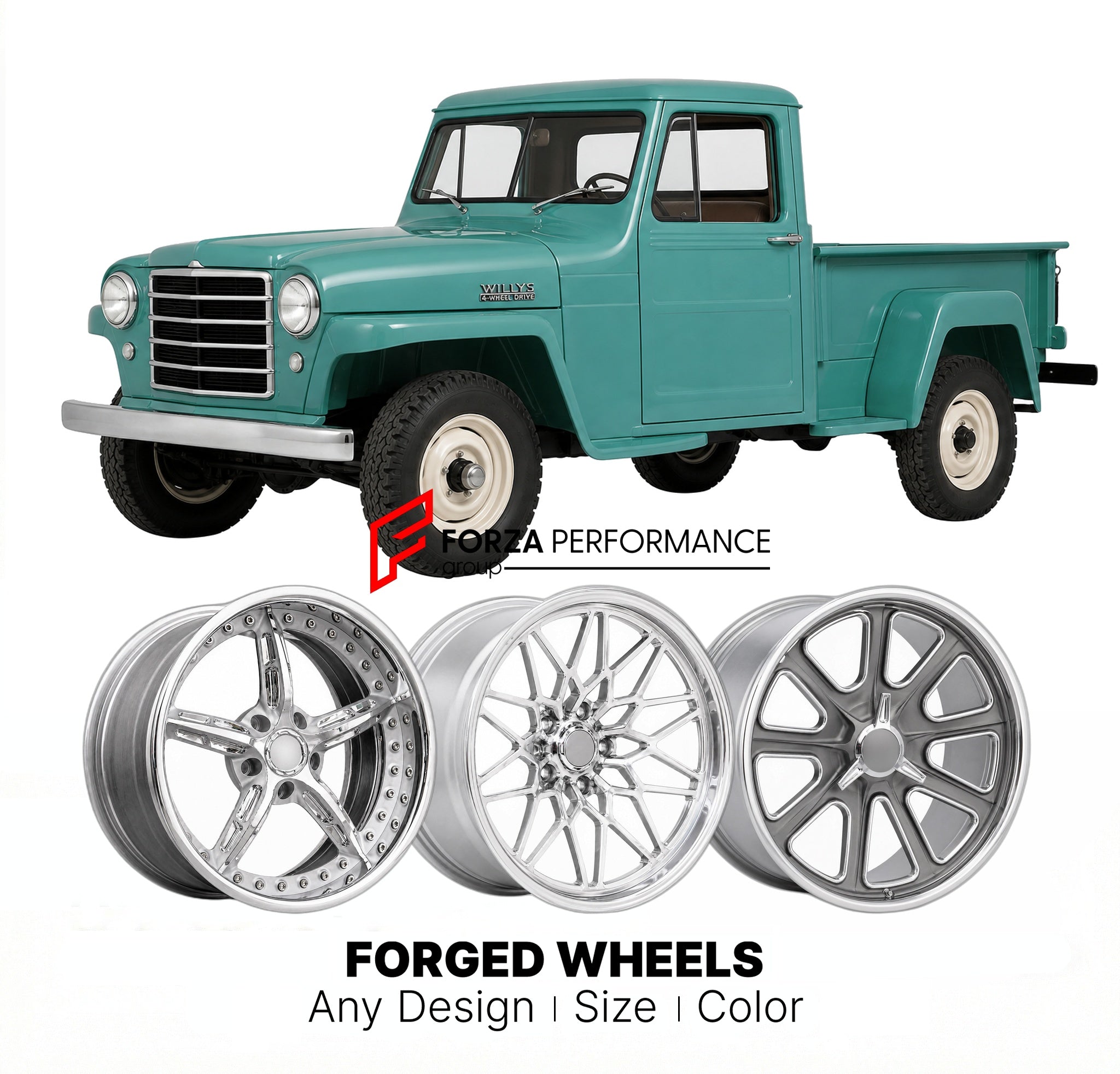 CUSTOM CLASSIC VINTAGE RESTOMOD RETRO OLD SCHOOL FORGED WHEELS RIMS for WILLYS TRUCK 1958 - 1965