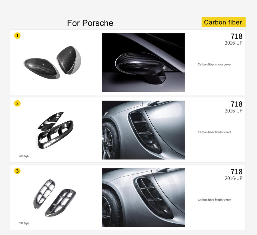 Buy Now CARBON EXTERIOR PARTS for PORSCHE 718 982 2016+ and upgrade car parts from SIR Tuning at the Best Price. Headlights, Tail lights, Bodykits, Navigations, Carbon body kit and more - Fast & Free Shipping within Europe, US & Worldwide.