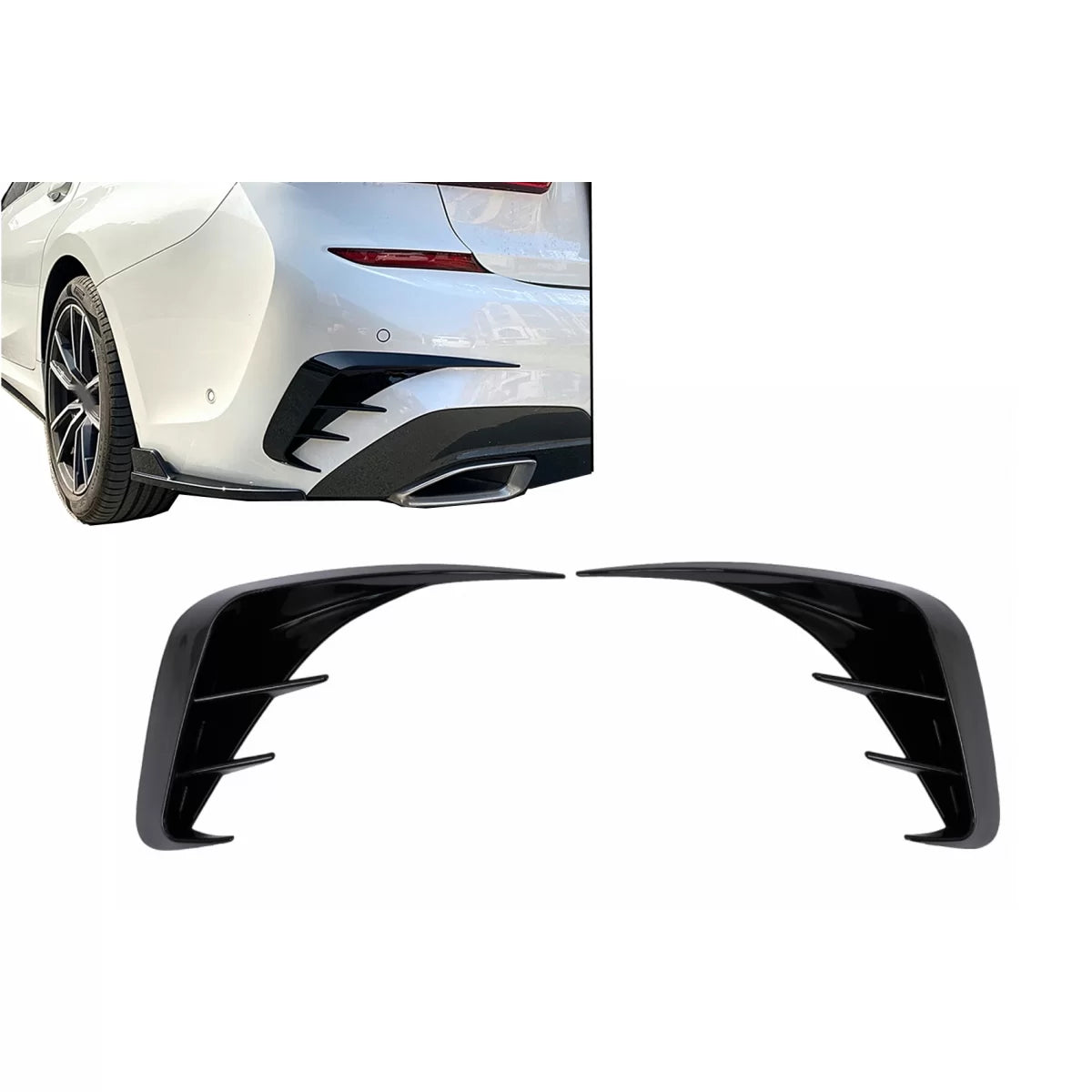 Rear Bumper Flaps Side Fins Flics suitable for BMW 3 Series G20 G21 G28 M-Sport (2018-up) Piano Black – product image 1