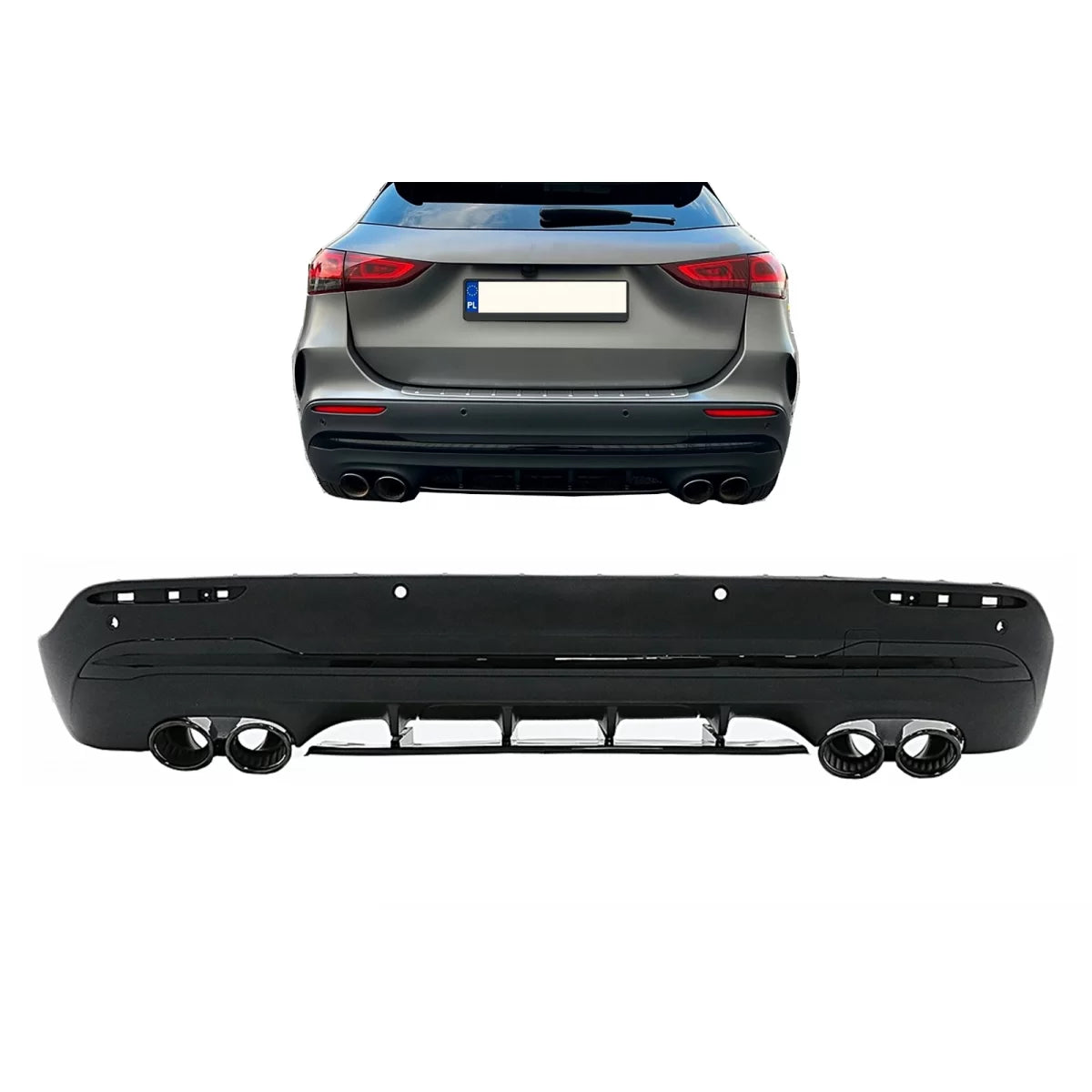 Rear Diffuser and Piano Black Exhaust Tips suitable for Mercedes GLA SUV H247 Sport Line (2020-) Aero 45S Design Night Packag