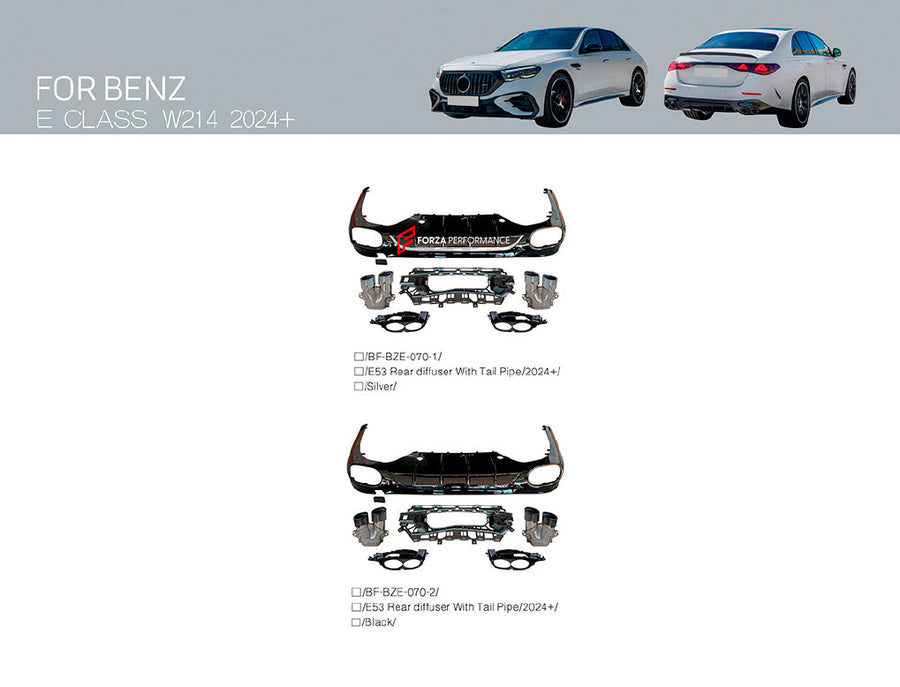 Buy Now REAR DIFFUSER with EXHAUST TIPS for MERCEDES BENZ E CLASS W214 E350 E450 AMG LINE 2023+ E53 STYLE and upgrade car parts from SIR Tuning at the Best Price. Headlights, Tail lights, Bodykits, Navigations, body kit and more - Fast & Free Shipping within Europe, US & Worldwide.