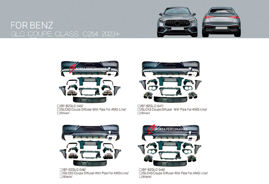 Buy Now REAR DIFFUSER with EXHAUST TIPS for MERCEDES BENZ GLC CLASS COUPE C254 AMG LINE UPGRADE to AMG C254 GLC43 GLC63 2023+ and upgrade car parts from SIR Tuning at the Best Price. Headlights, Tail lights, Bodykits, Navigations, body kit and more - Fast & Free Shipping within Europe, US & Worldwide.