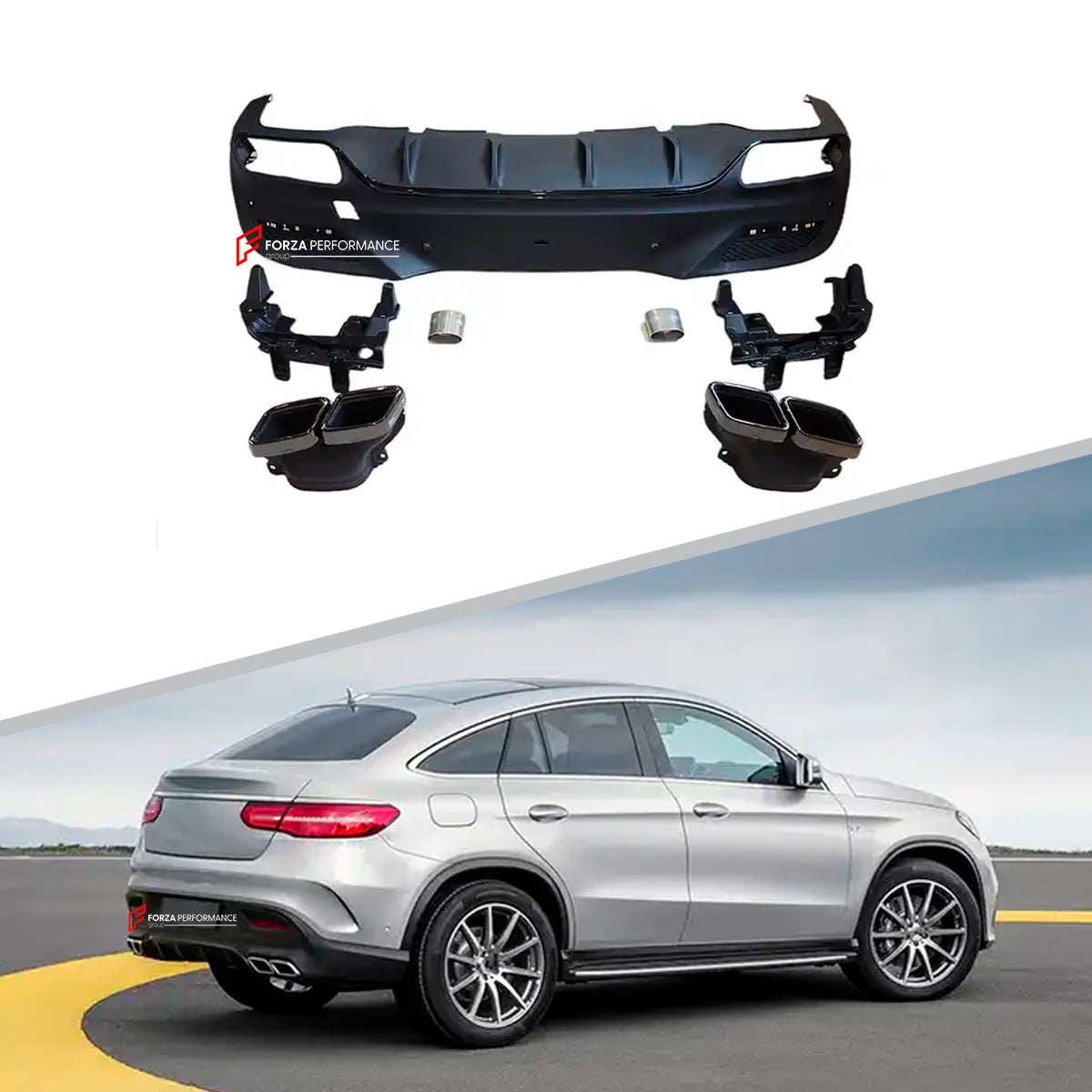 REAR DIFFUSER WITH SILVER BLACK TIPS for MERCEDES BENZ GLE63 X292 AMG COUPE 2015 - 2018