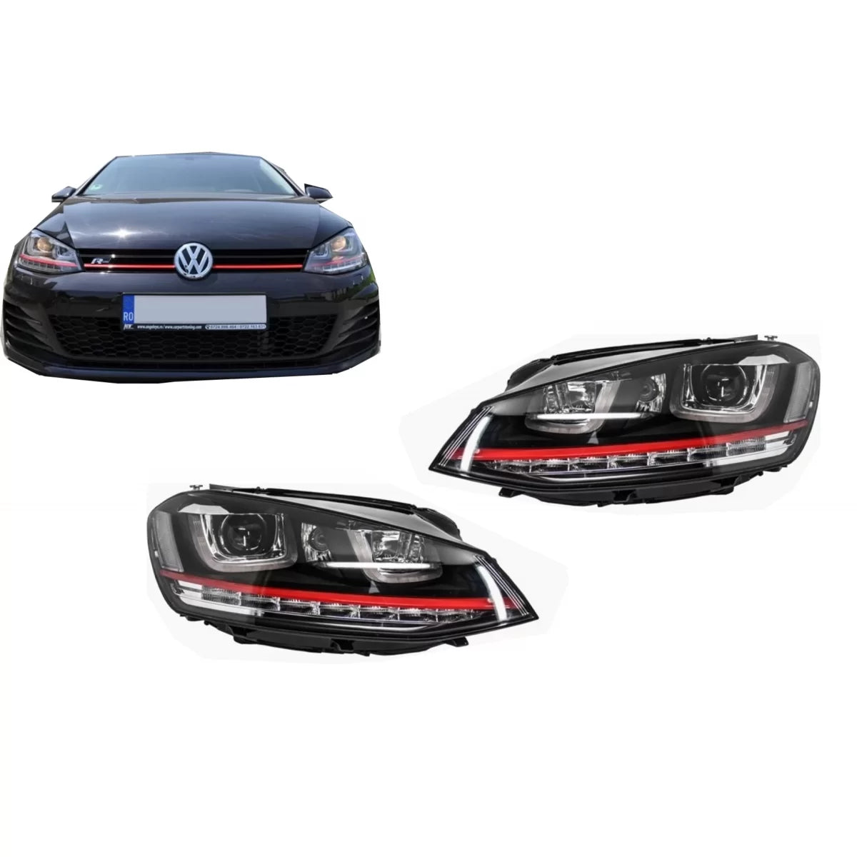 RHD Headlights 3D LED DRL suitable for VW Golf 7 VII (2012-2017) RED R20 GTI Look LED Flowing Dynamic Sequential Turning Ligh