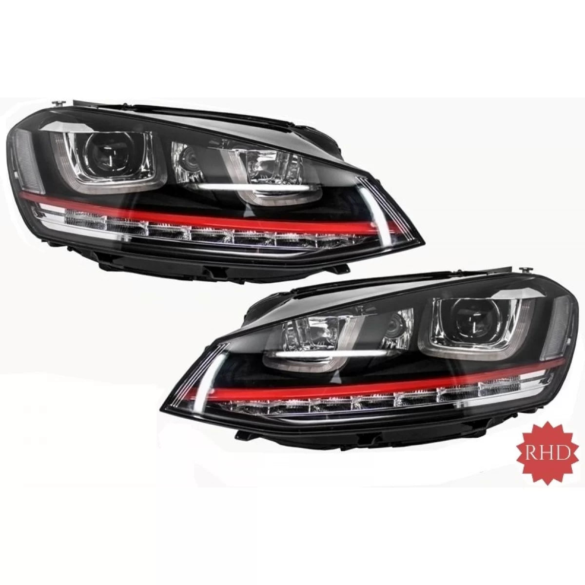RHD Headlights 3D LED DRL suitable for VW Golf 7 VII (2012-2017) RED R20 GTI Look LED Flowing Dynamic Sequential Turning Ligh